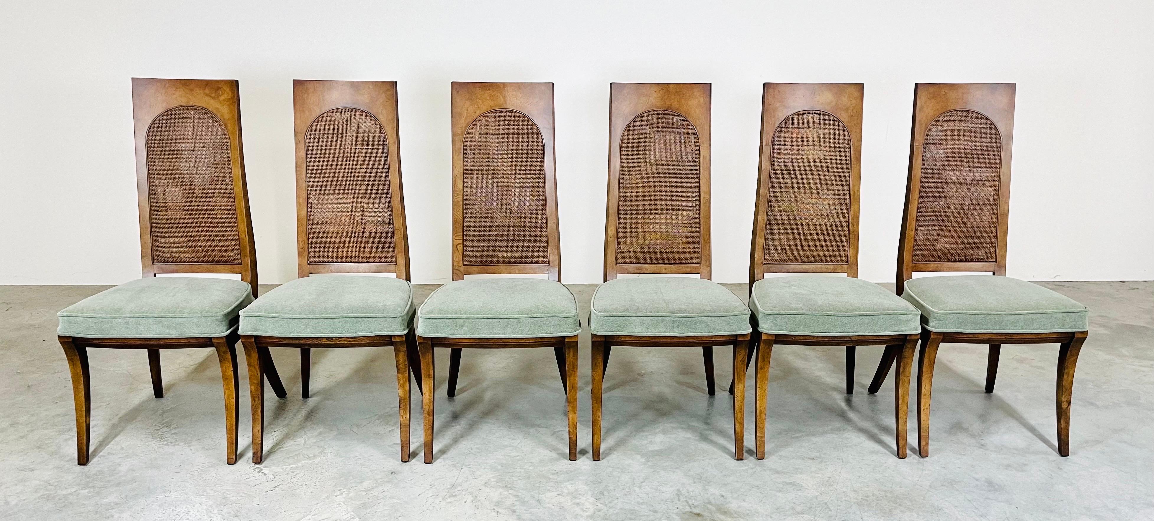 Mid-Century Modern 6 Midcentury Klismos Double Cane Back Dining Chairs in Bird’S-Eye Maple & Mohair