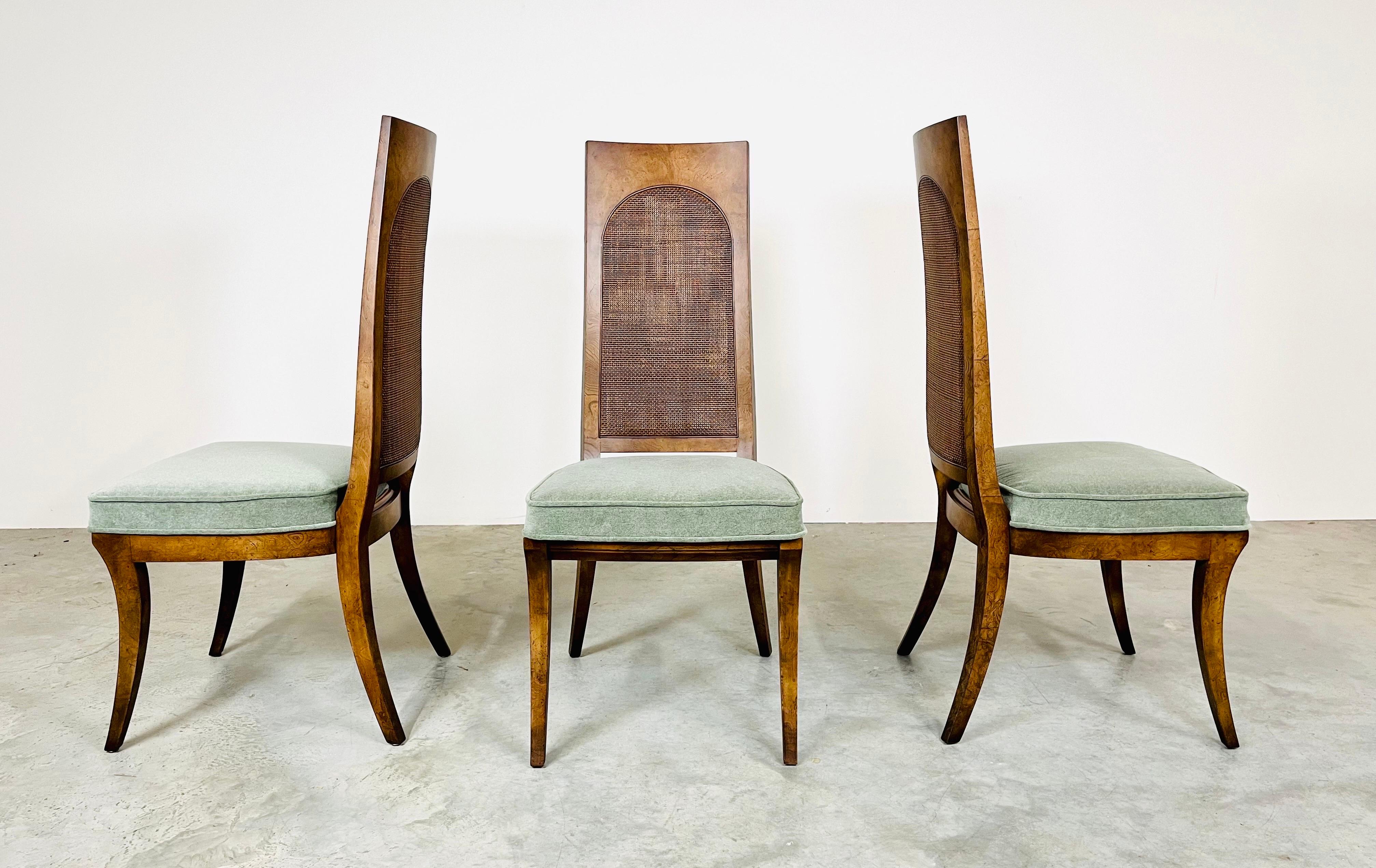 American 6 Midcentury Klismos Double Cane Back Dining Chairs in Bird’S-Eye Maple & Mohair