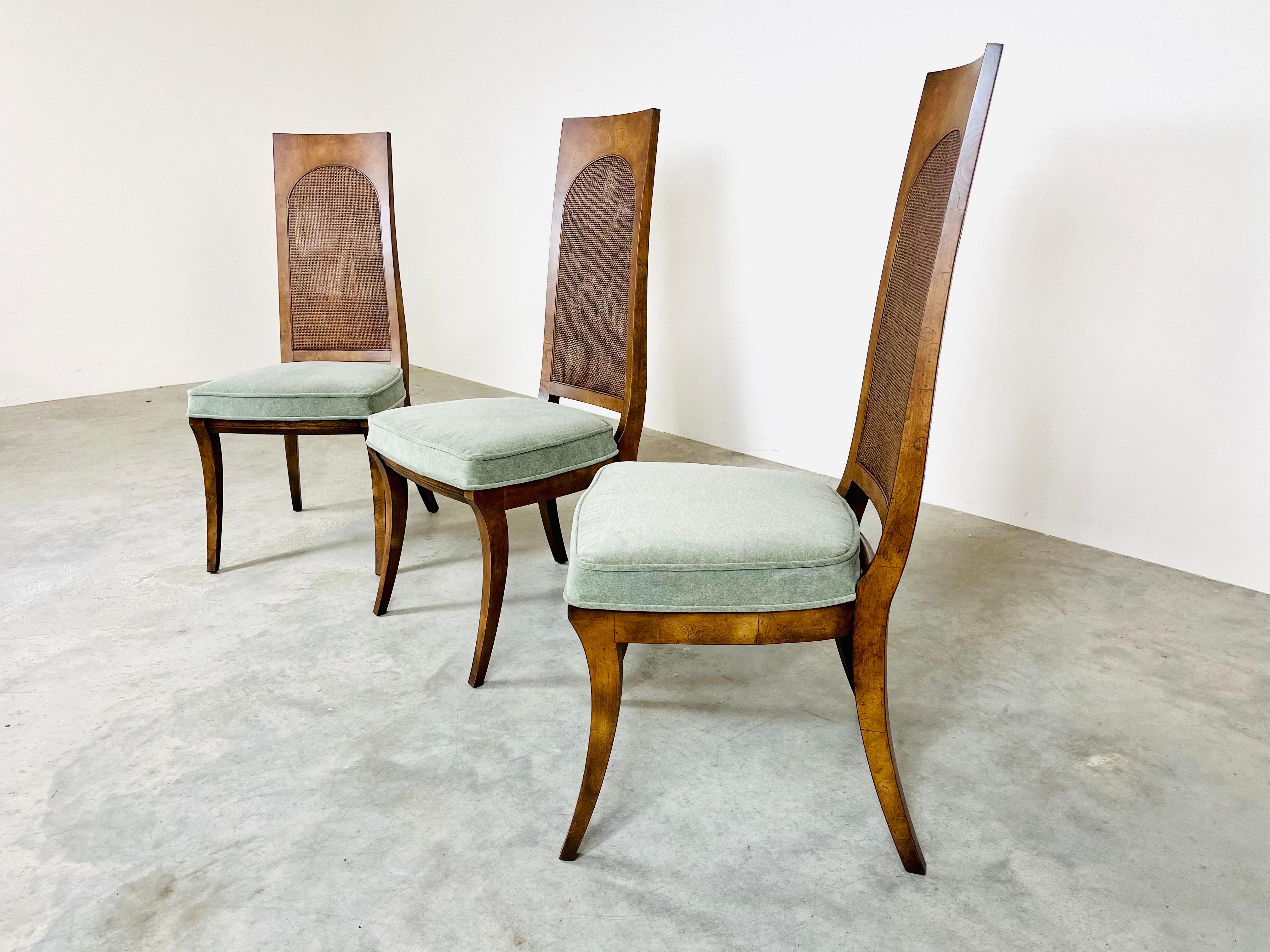 Caning 6 Midcentury Klismos Double Cane Back Dining Chairs in Bird’S-Eye Maple & Mohair
