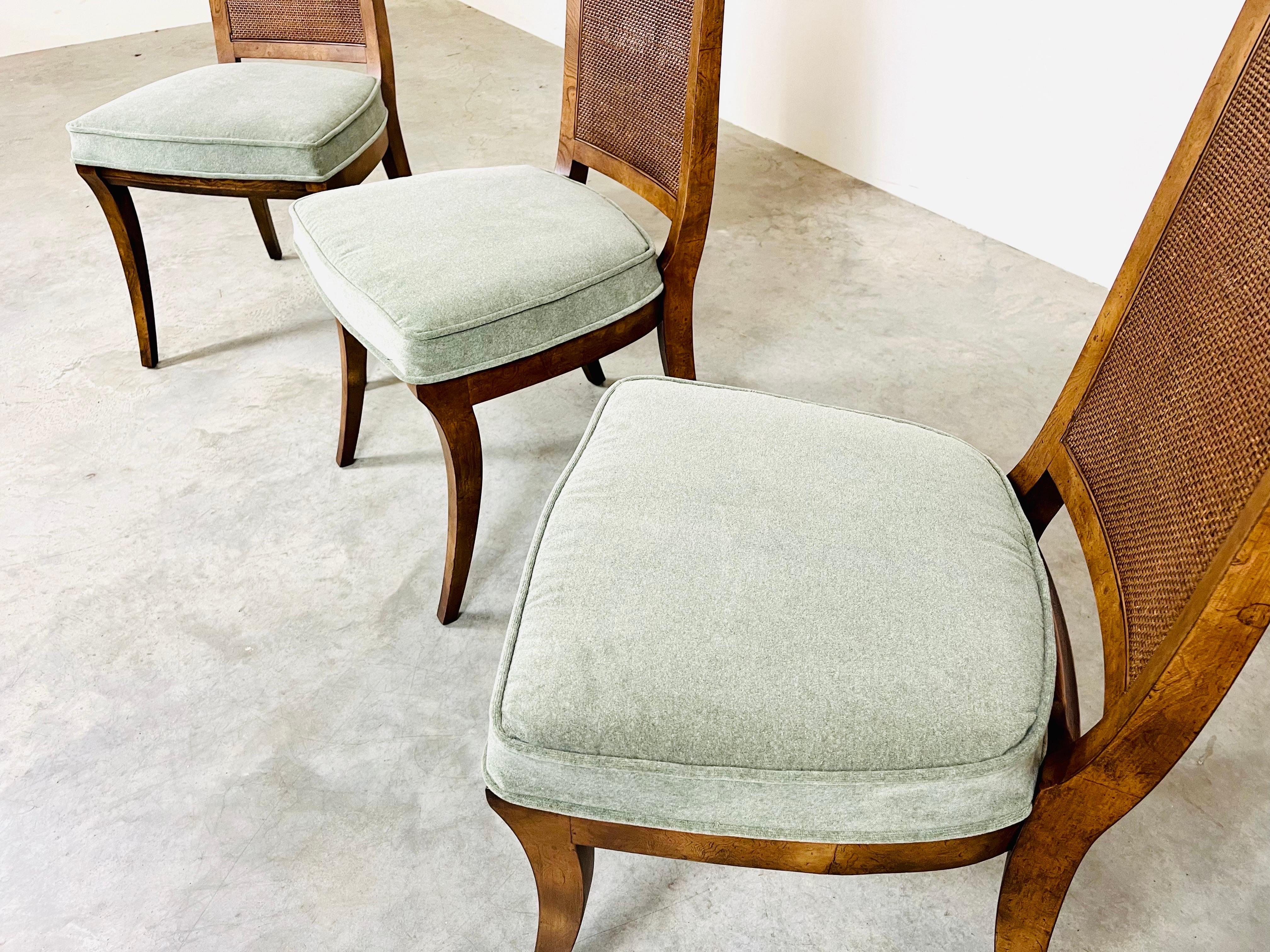 6 Midcentury Klismos Double Cane Back Dining Chairs in Bird’S-Eye Maple & Mohair In Excellent Condition In Southampton, NJ