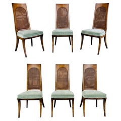 6 Midcentury Klismos Double Cane Back Dining Chairs in Bird’S-Eye Maple & Mohair
