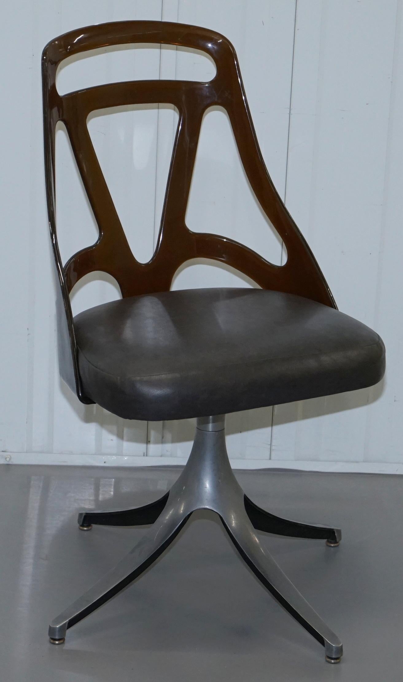 6 Mid-Century Modern 1960s Sculptural Dining Chairs Steel Base Leather Seat 5
