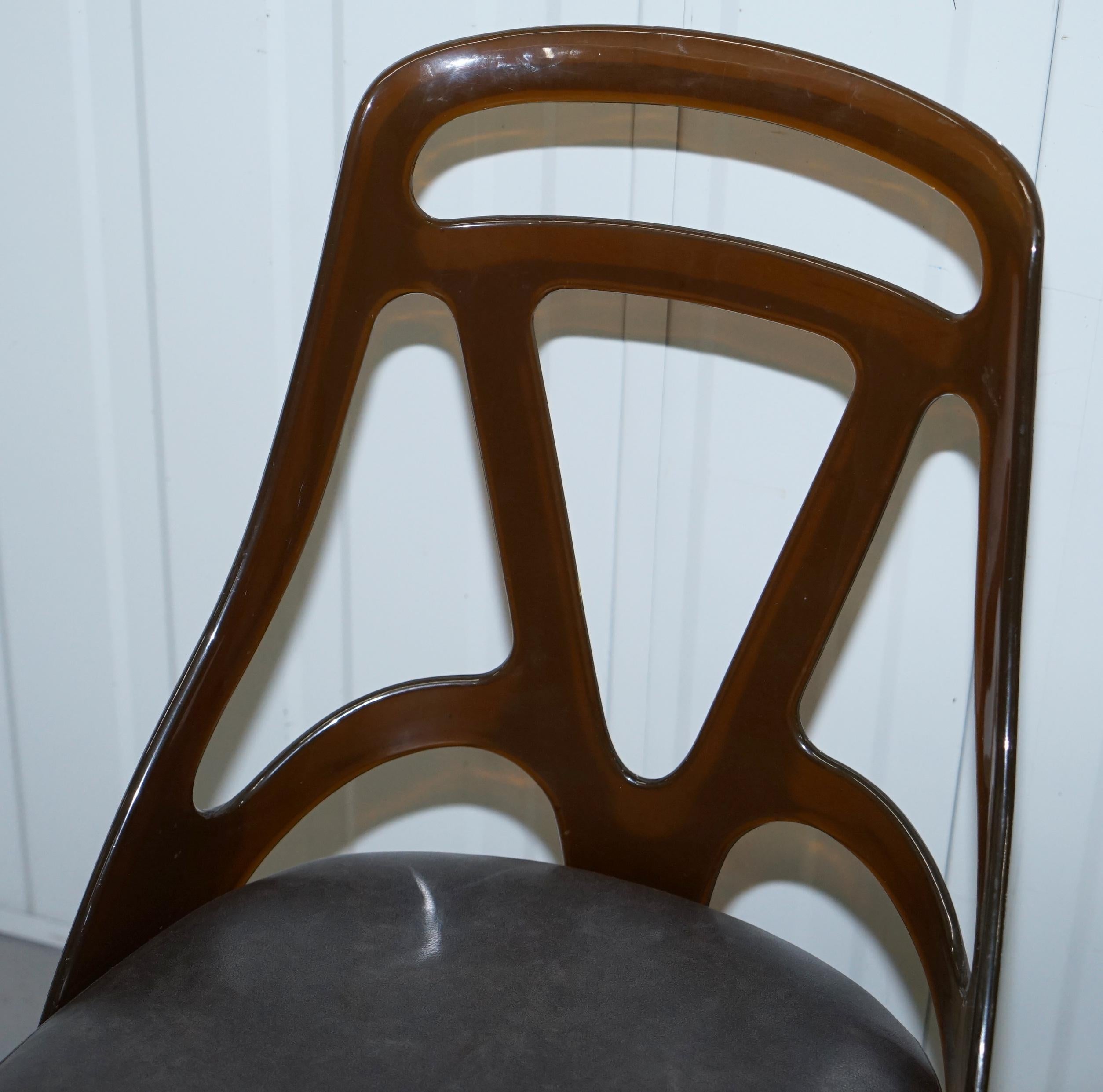 6 Mid-Century Modern 1960s Sculptural Dining Chairs Steel Base Leather Seat 6