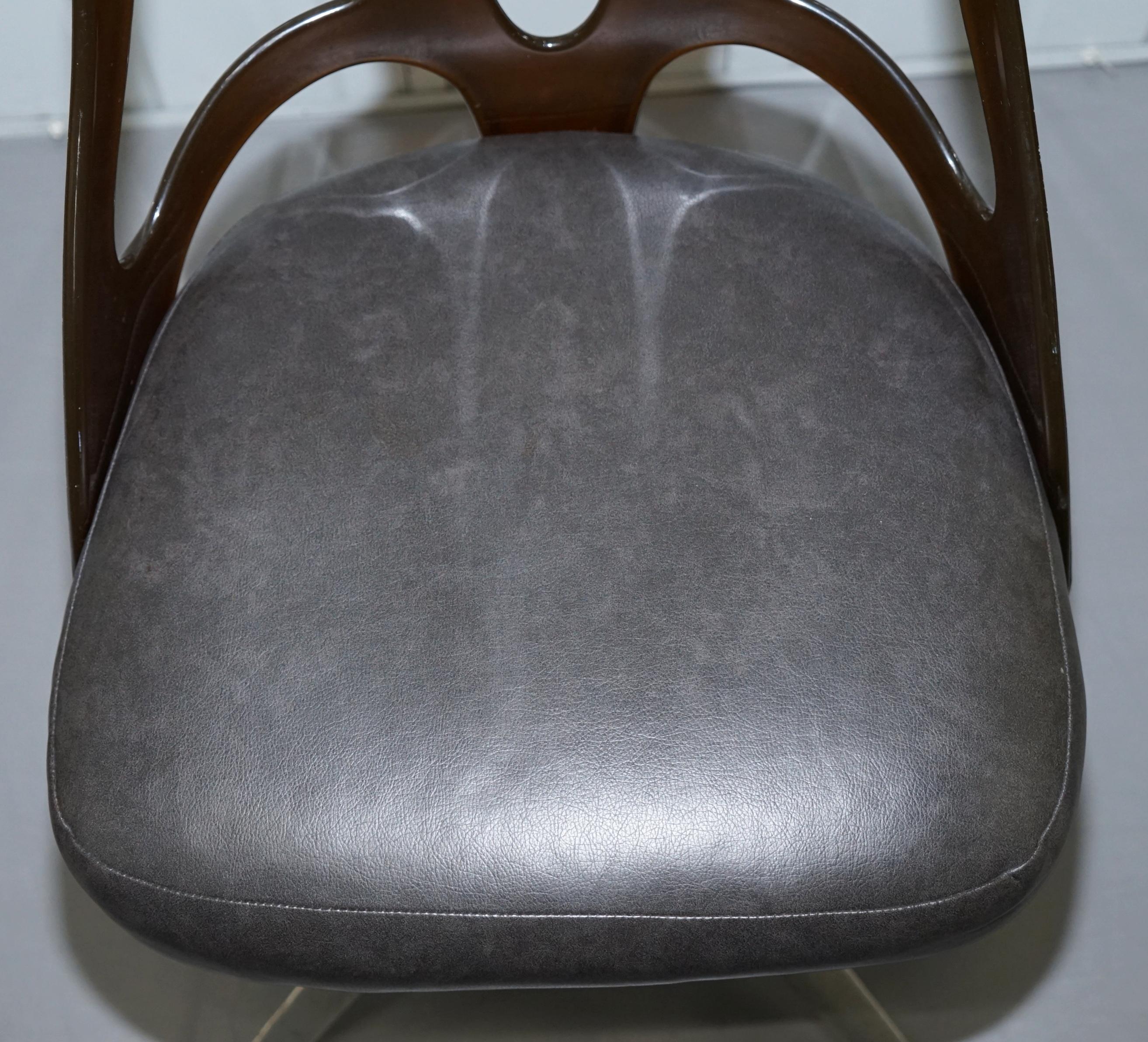 6 Mid-Century Modern 1960s Sculptural Dining Chairs Steel Base Leather Seat 7