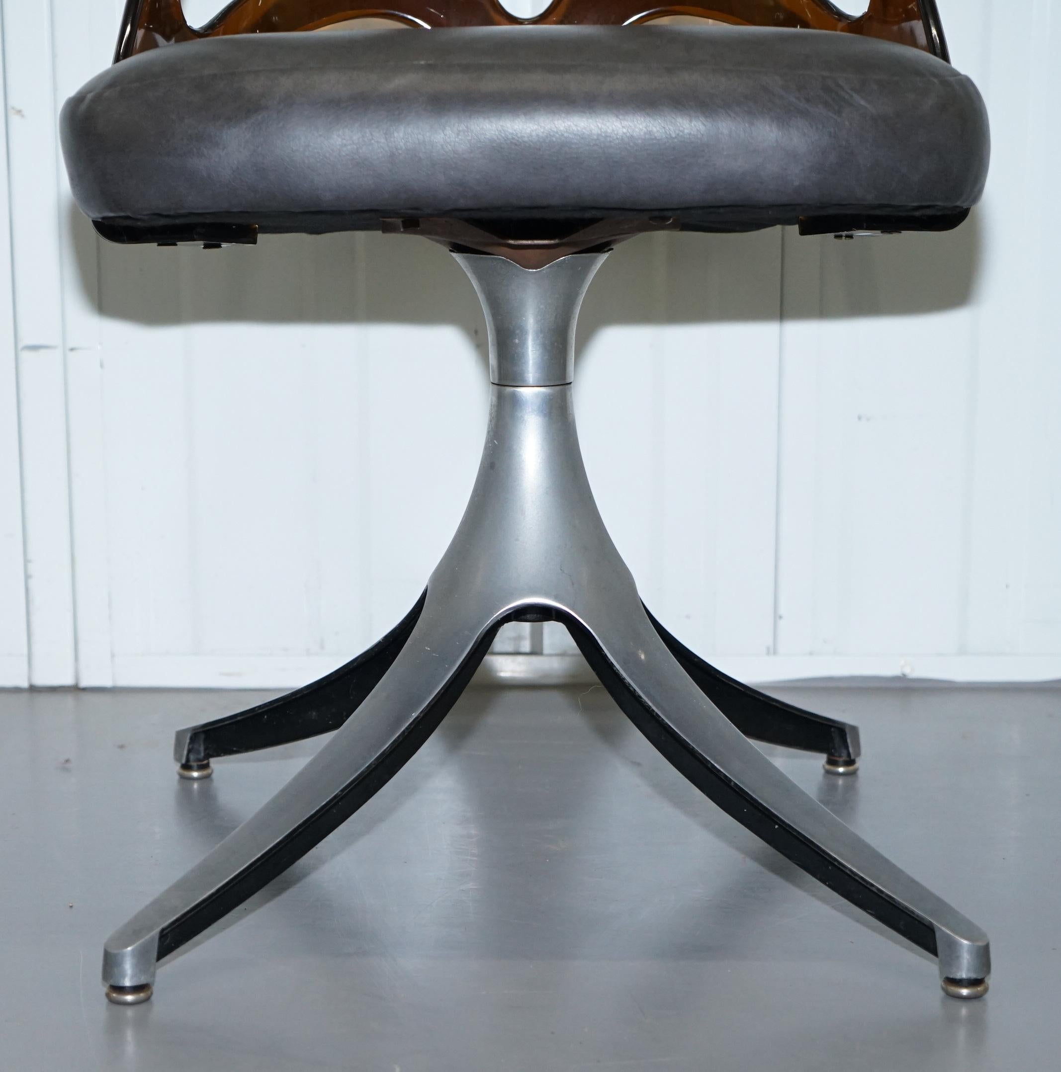 6 Mid-Century Modern 1960s Sculptural Dining Chairs Steel Base Leather Seat 9