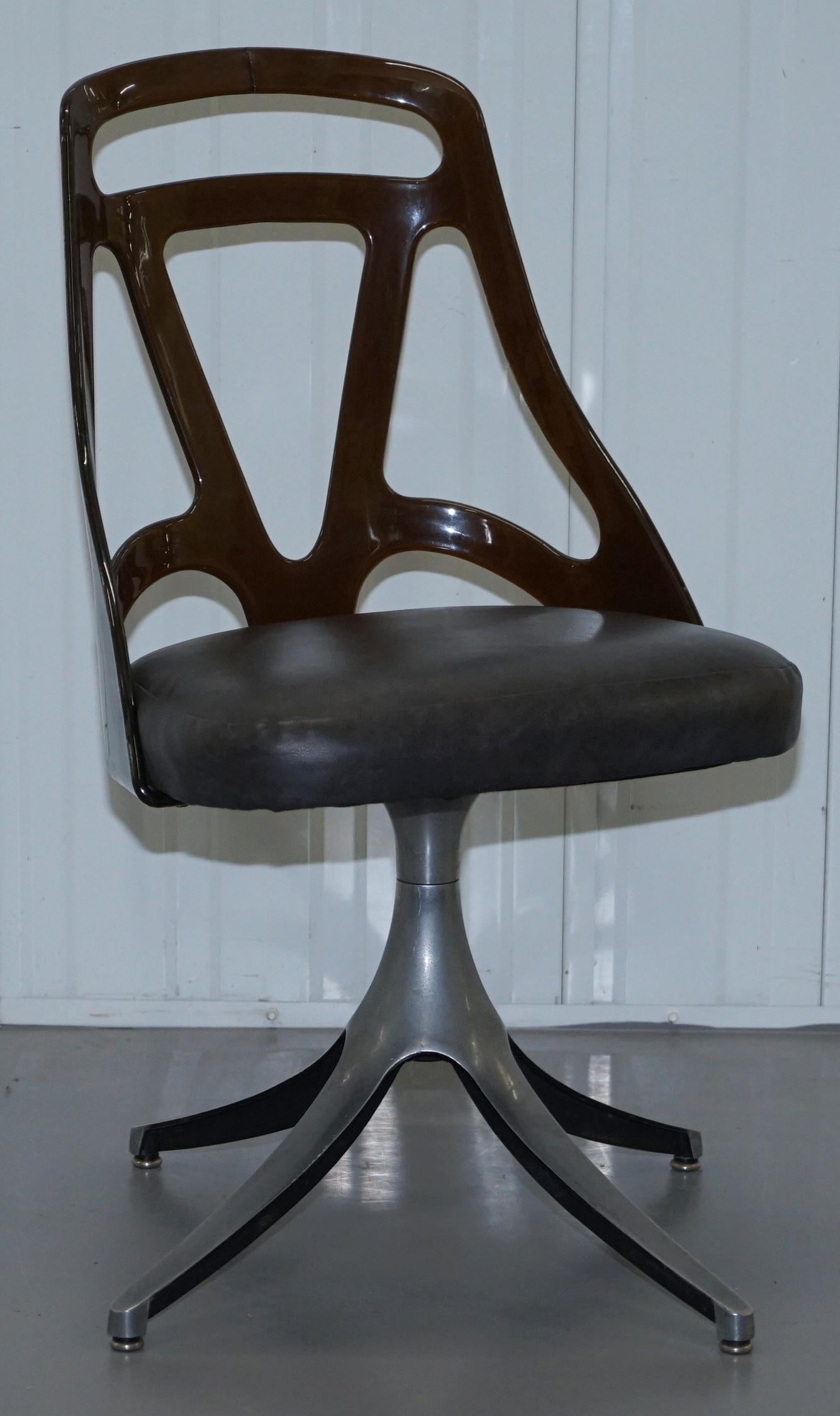 6 Mid-Century Modern 1960s Sculptural Dining Chairs Steel Base Leather Seat 10