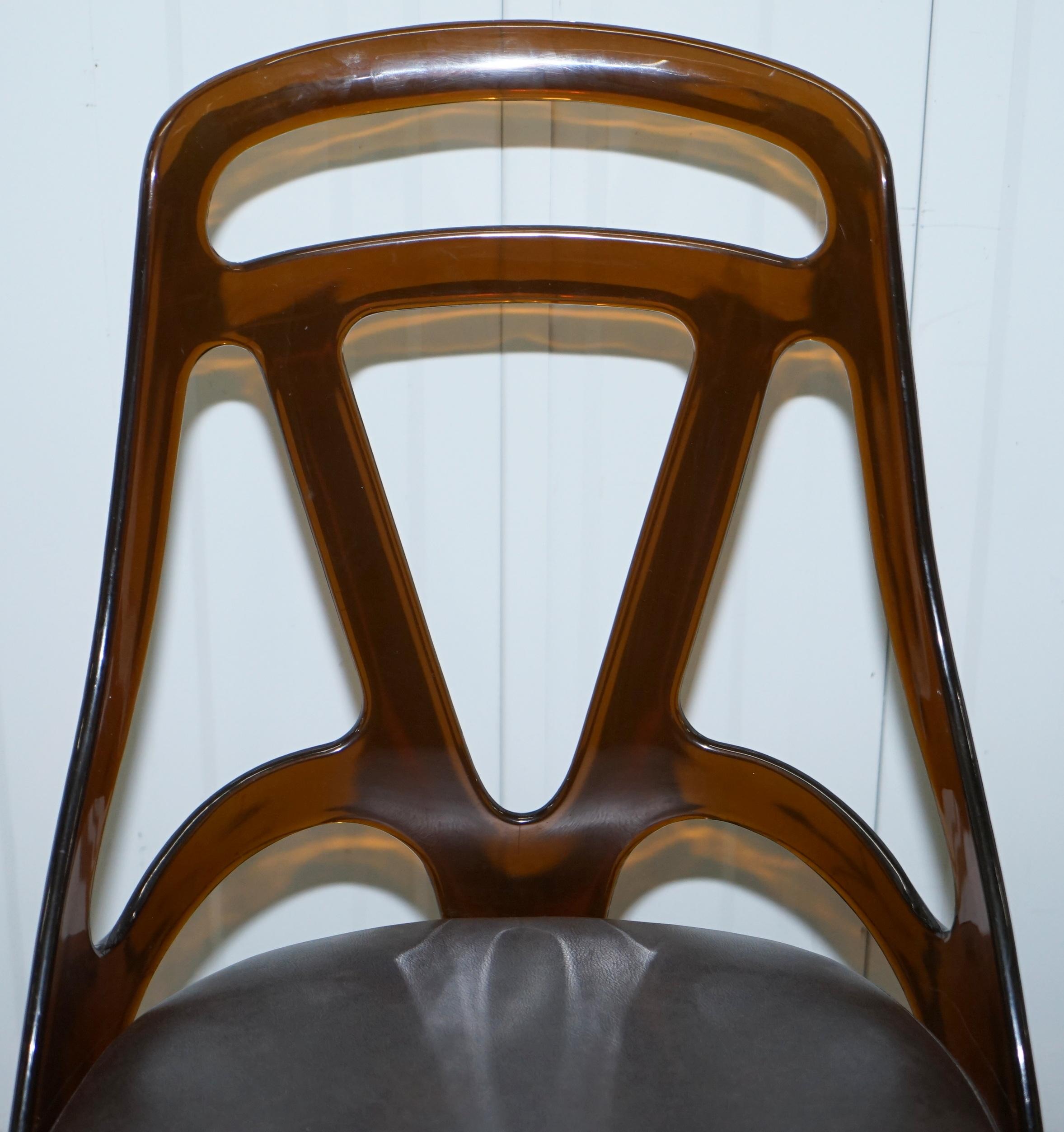 English 6 Mid-Century Modern 1960s Sculptural Dining Chairs Steel Base Leather Seat