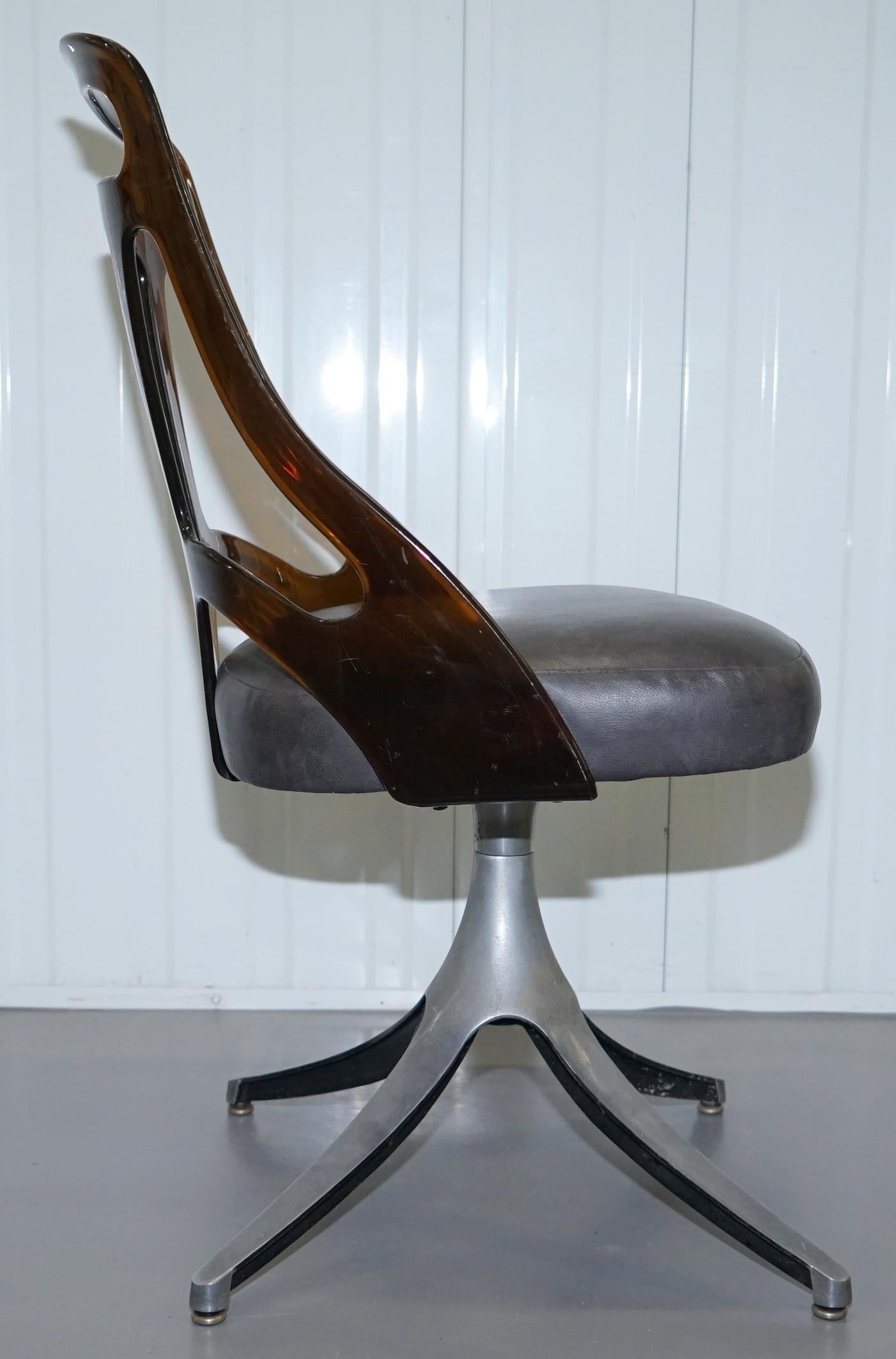 6 Mid-Century Modern 1960s Sculptural Dining Chairs Steel Base Leather Seat 2