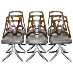 Retro 6 Mid-Century Modern 1960s Sculptural Dining Chairs Steel Base Leather Seat