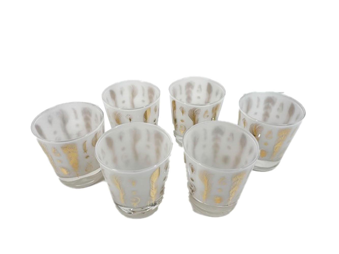 American 6 Mid-Century Modern Old Fashioned Glasses with Gold Feathers on White Ground For Sale