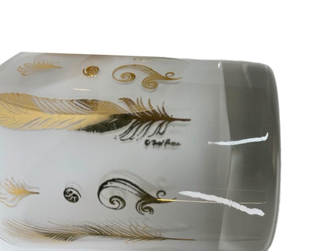 6 Mid-Century Modern Old Fashioned Glasses with Gold Feathers on White Ground In Good Condition For Sale In Nantucket, MA