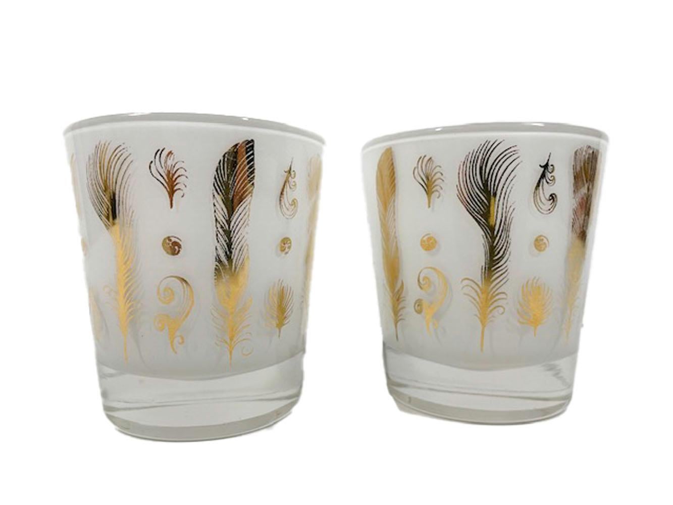 20th Century 6 Mid-Century Modern Old Fashioned Glasses with Gold Feathers on White Ground For Sale