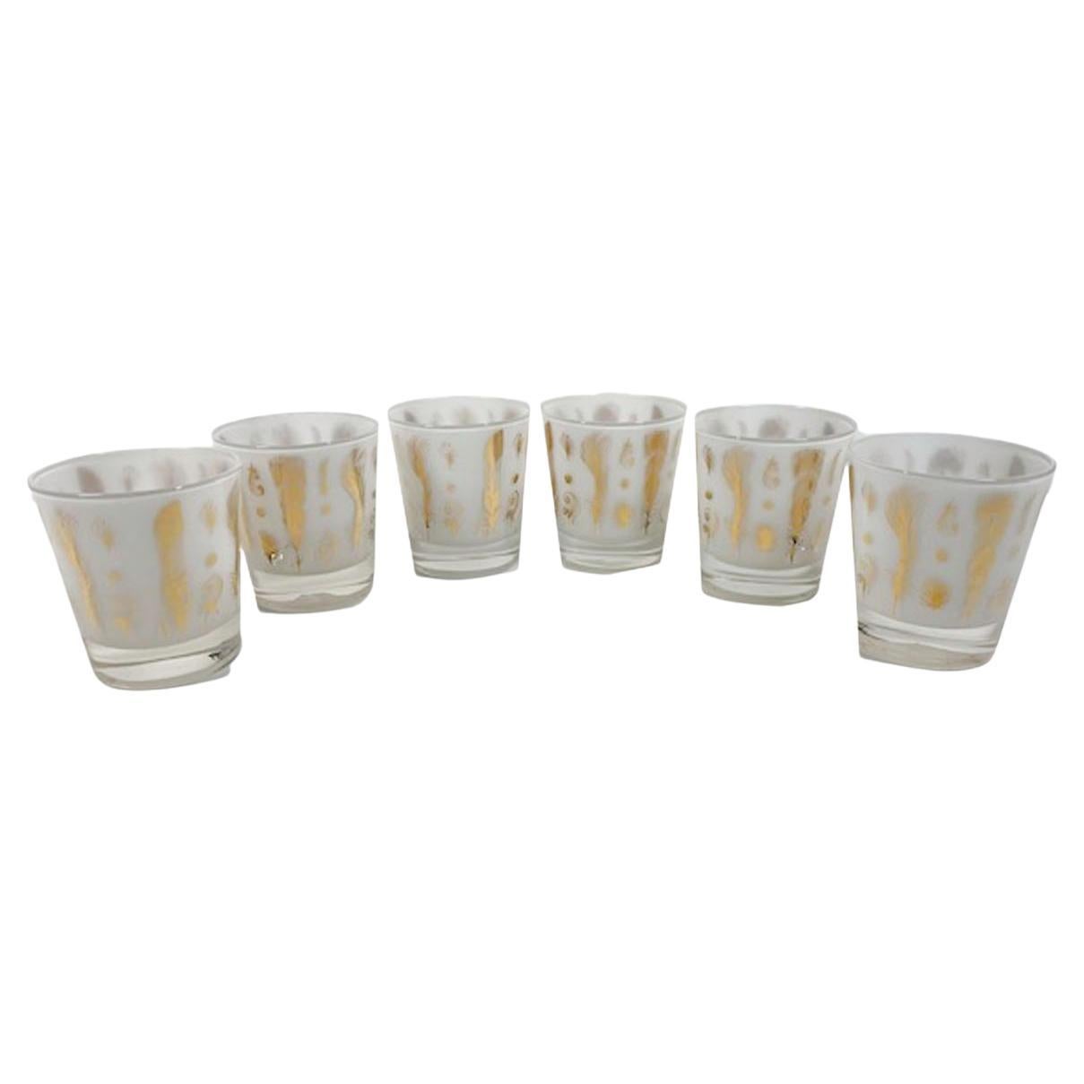 6 Mid-Century Modern Old Fashioned Glasses with Gold Feathers on White Ground For Sale