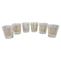 6 Mid-Century Modern Old Fashioned Glasses with Gold Feathers on White Ground