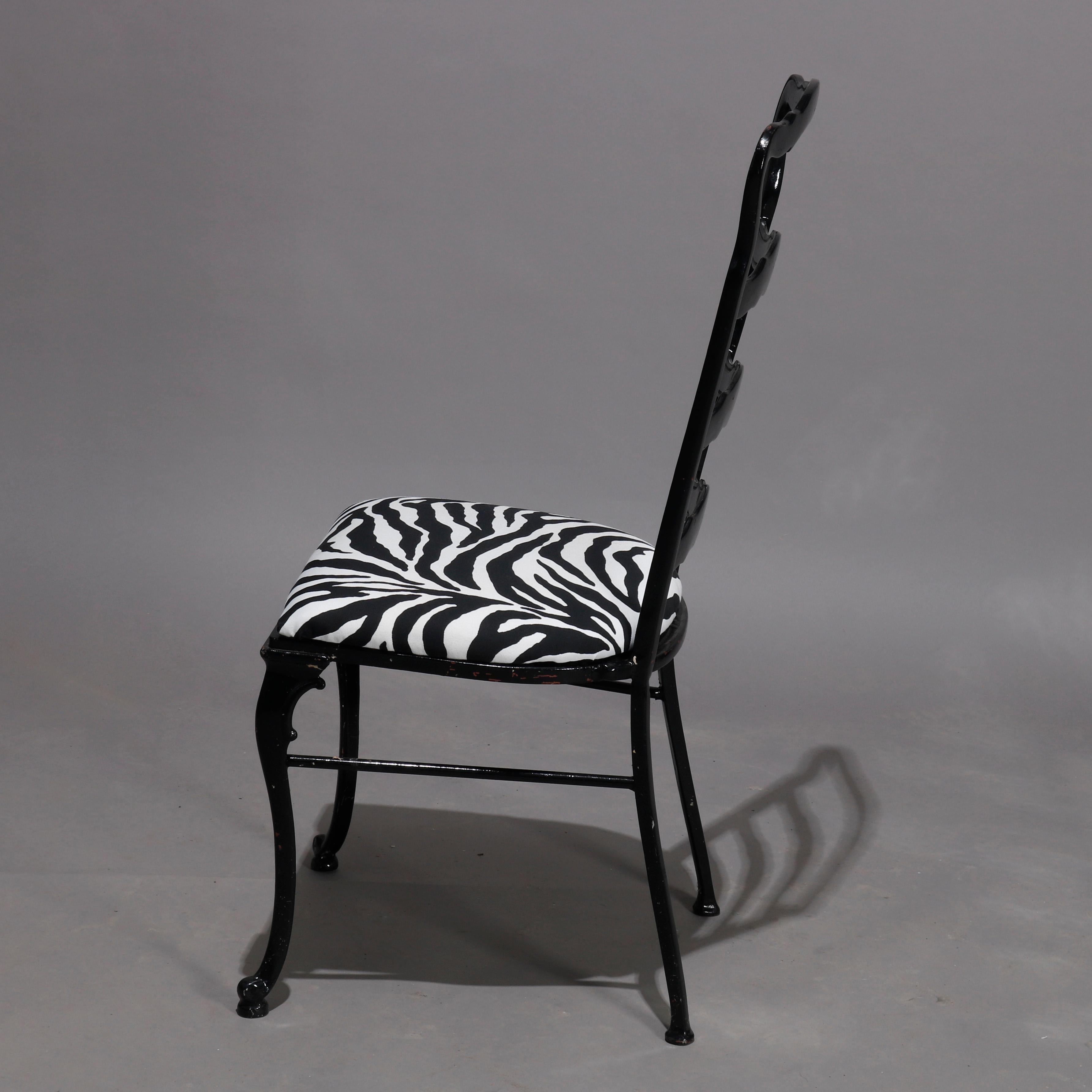 Hollywood Regency 6 Mid-Century Modern Tall-Back Ebonized and Animal Print Dining Chairs, 20th  C For Sale