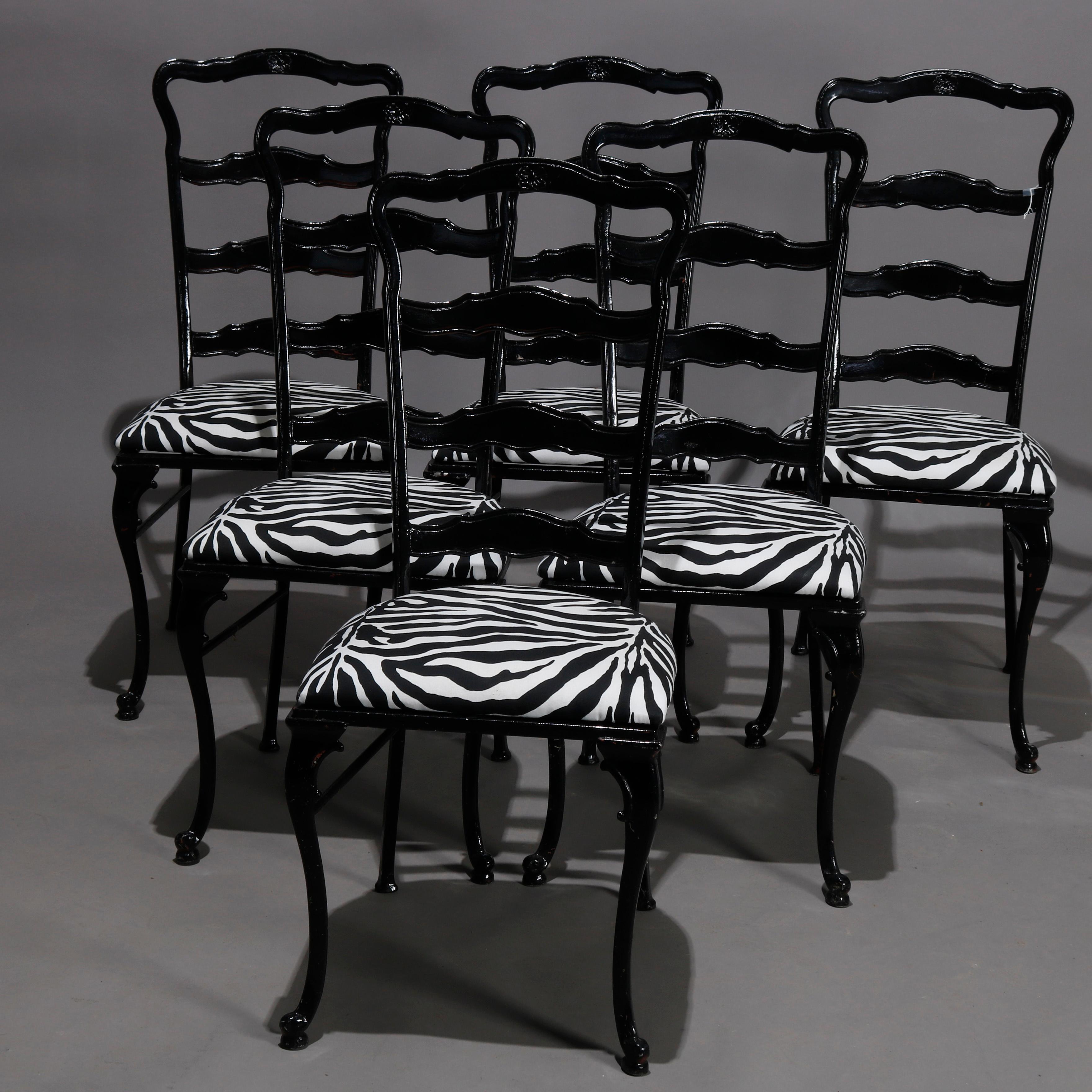 Cast 6 Mid-Century Modern Tall-Back Ebonized and Animal Print Dining Chairs, 20th  C For Sale