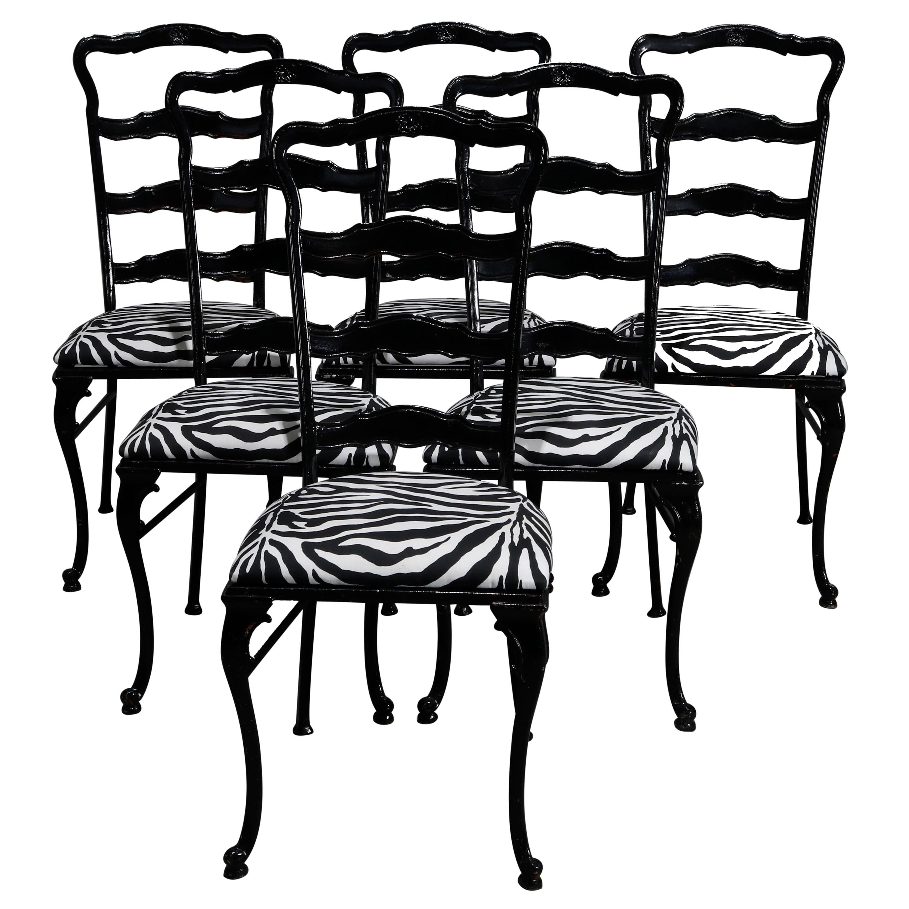 6 Mid-Century Modern Tall-Back Ebonized and Animal Print Dining Chairs, 20th  C