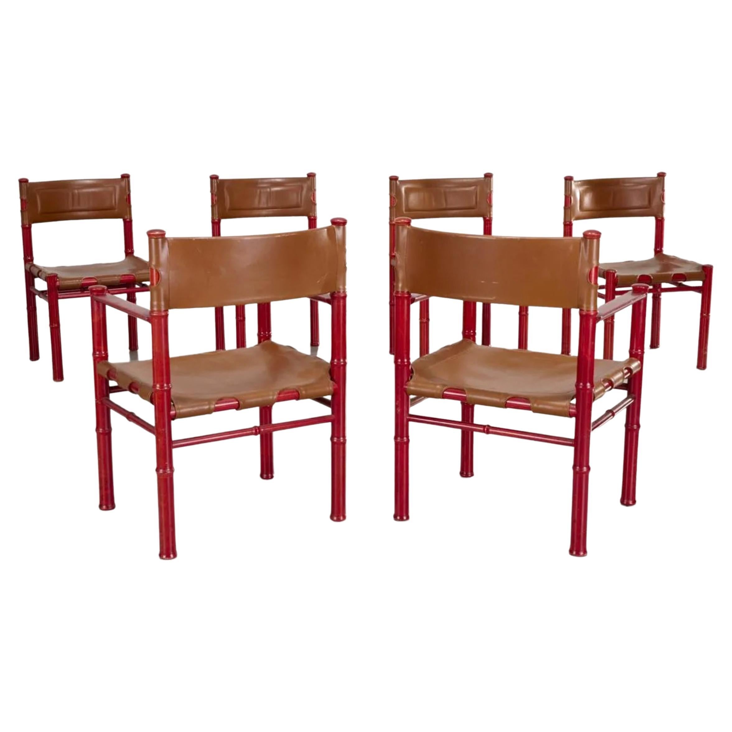 Travail du bois 6 chaises de salle à manger scandinaves modernes du milieu du siècle en cuir rouge et marron Asko Finlande en vente