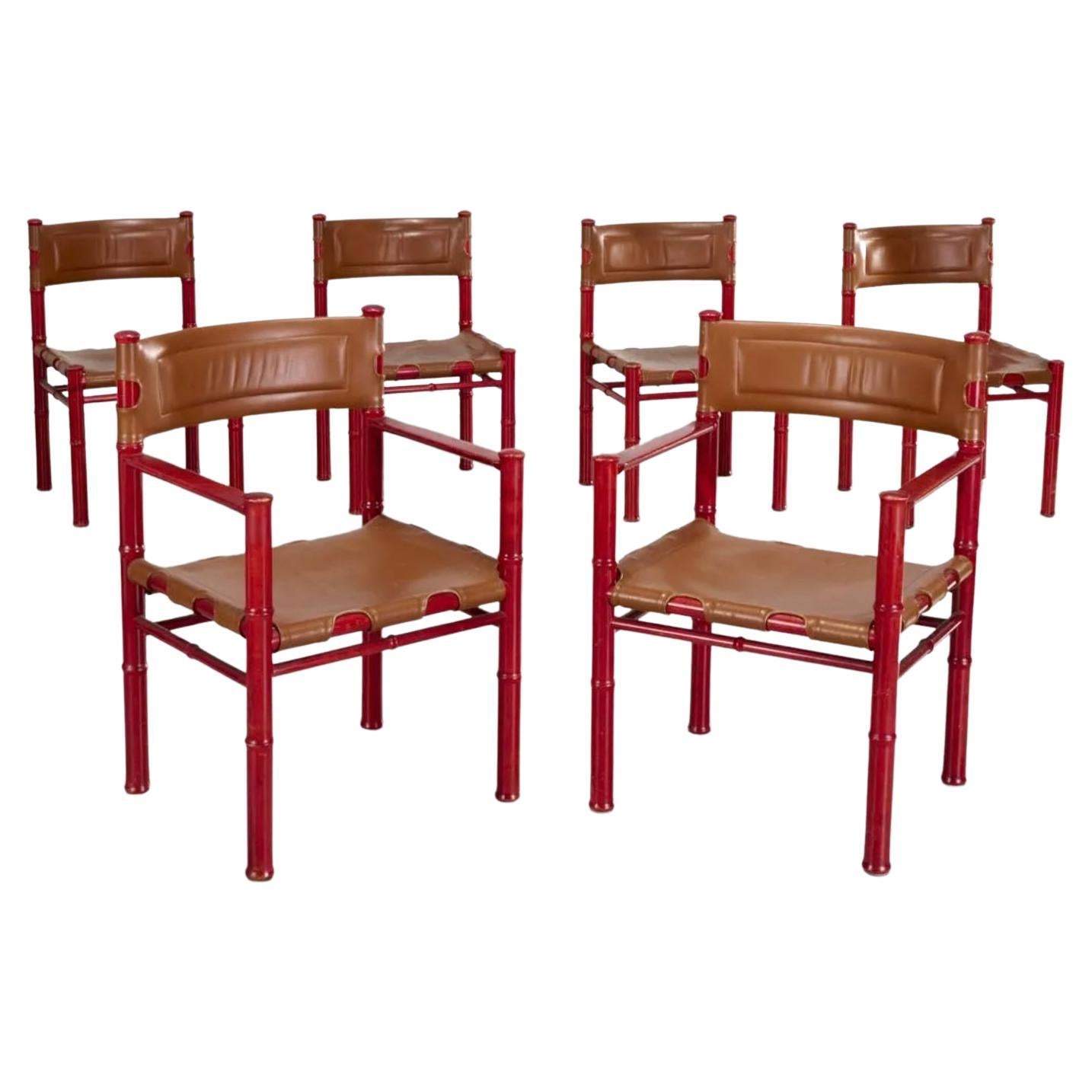 6 chaises de salle à manger scandinaves modernes du milieu du siècle en cuir rouge et marron Asko Finlande