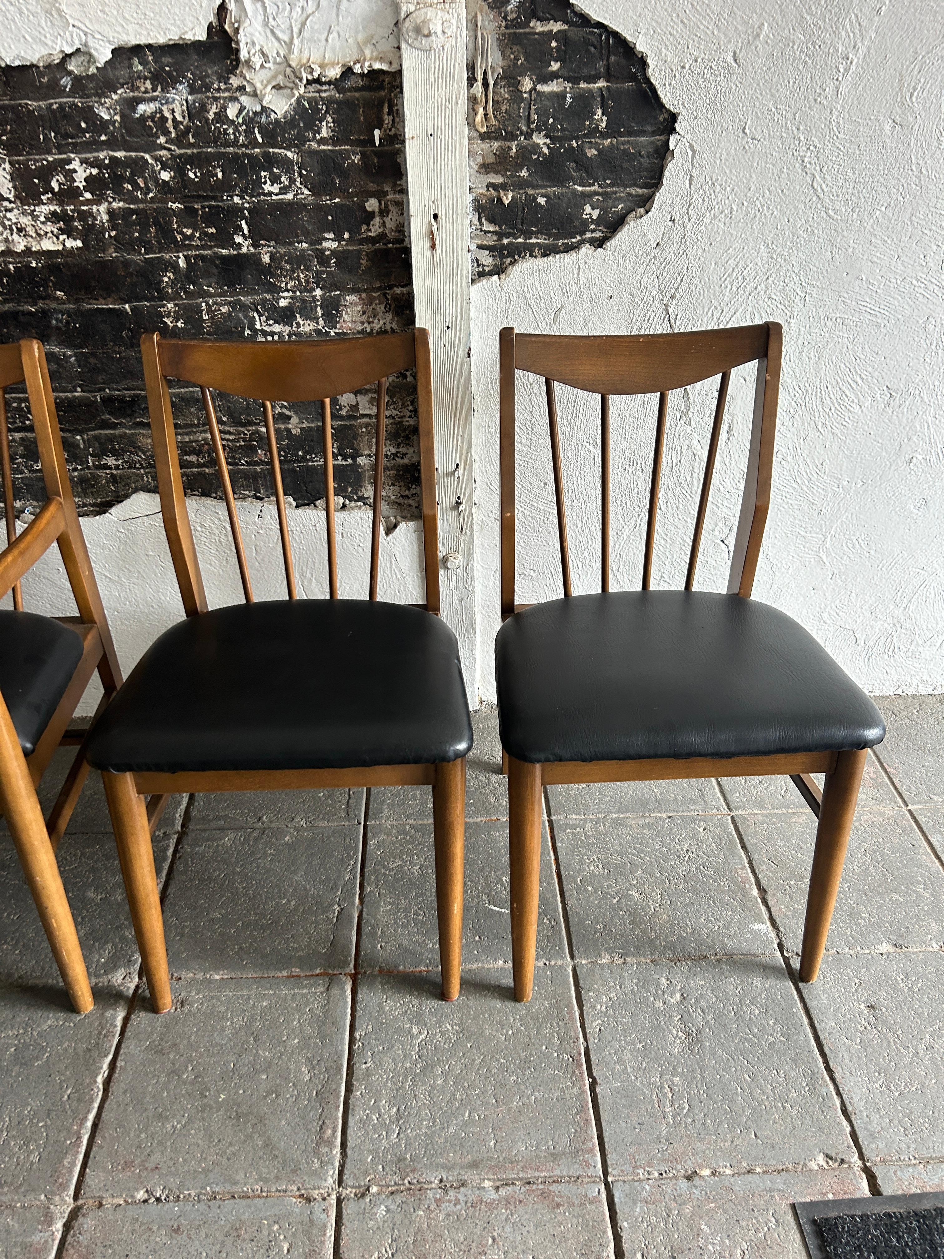 6 mid century spindle back American modern walnut dining chairs black vinyl 1