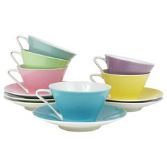 6 Midcentury Pastel Daisy Porcelain Coffee Cups, Lilien, Austria, 1950s