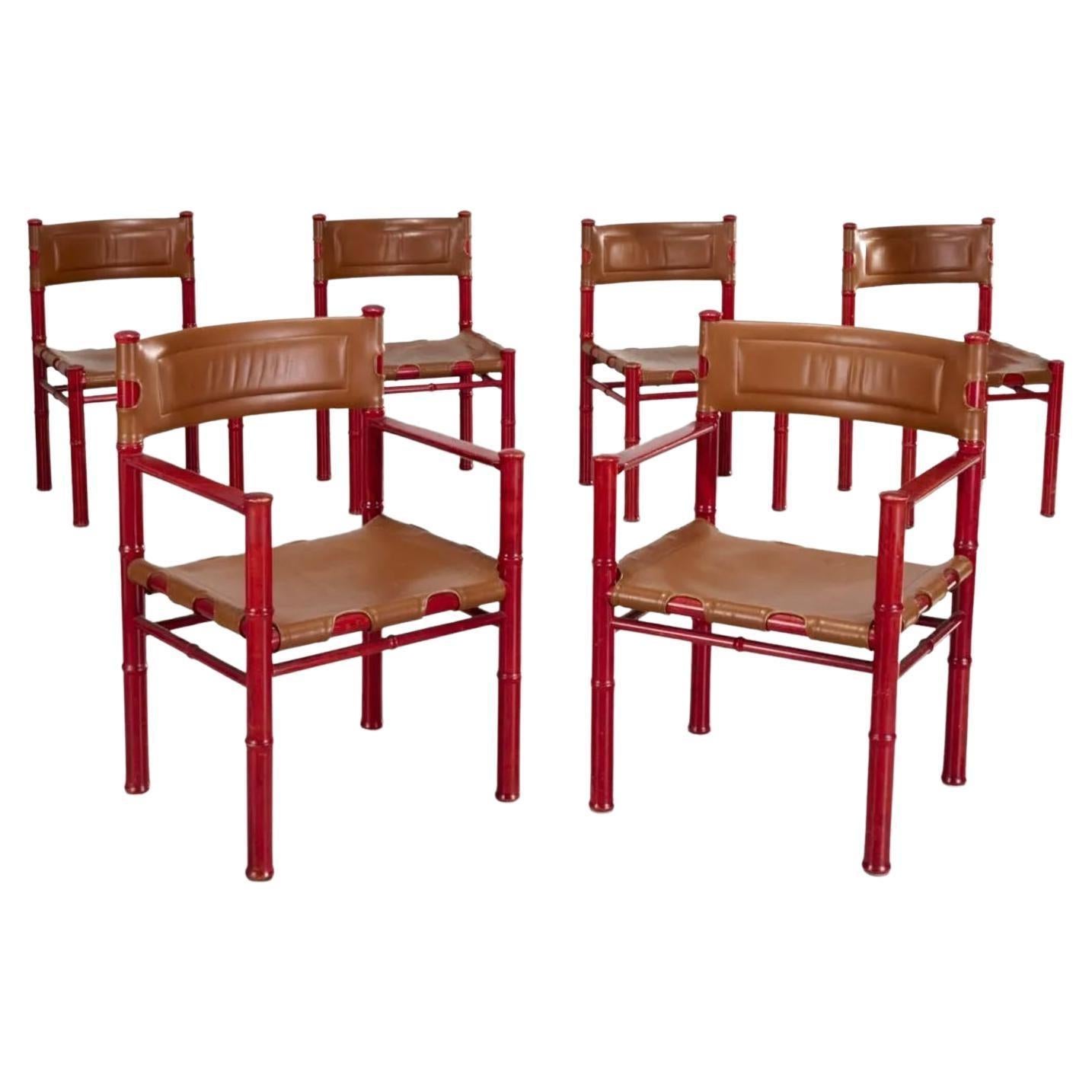 6 sedie da pranzo Midcentury Scandinavian Modern in pelle rossa e marrone Asko Finlandia