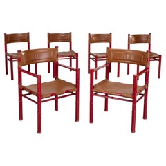 6 Sillas de comedor escandinavas modernas de mediados de siglo de cuero marrón rojo Asko Finlandia