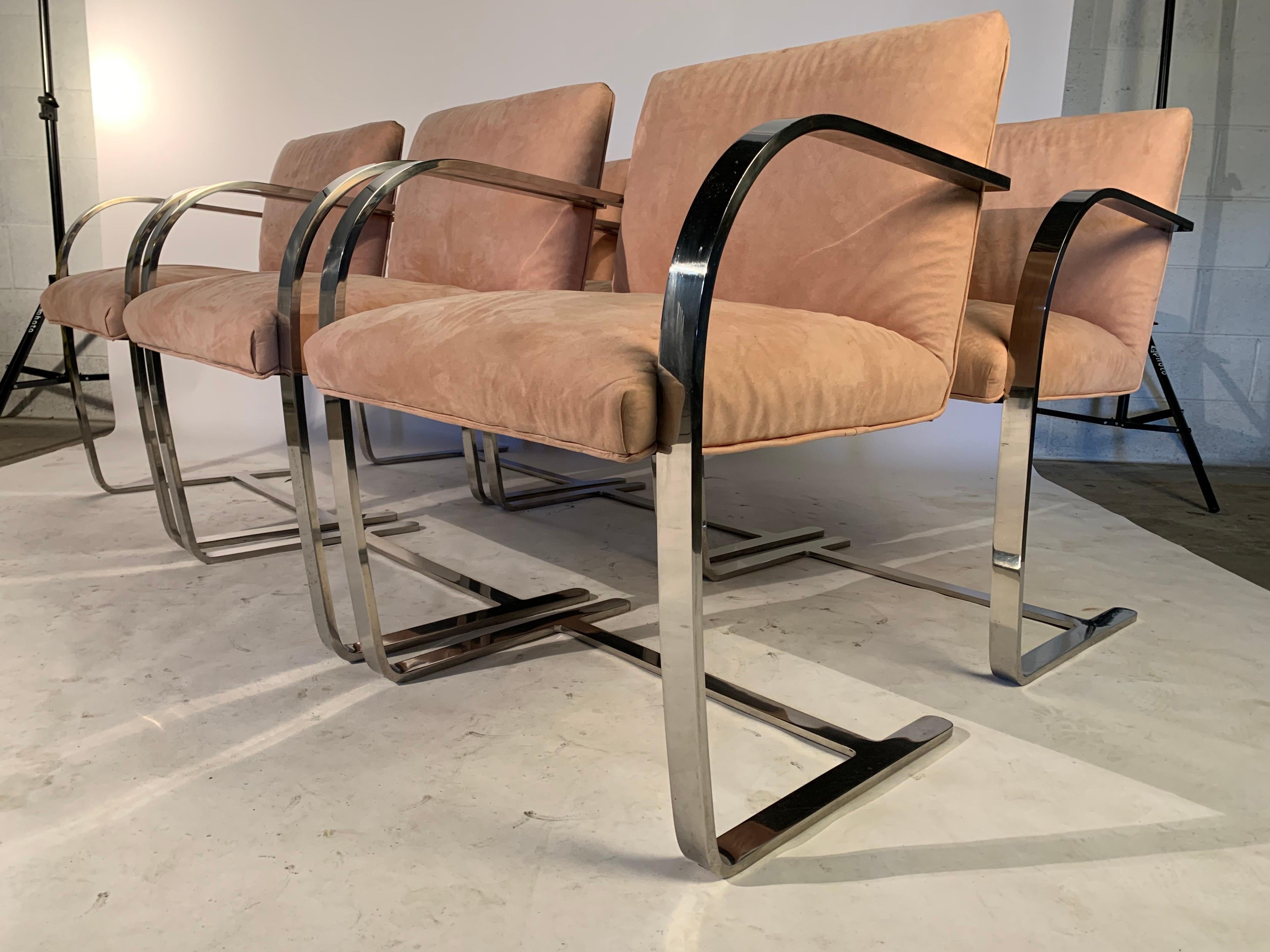 A set of 6 solid chromed steel flat bar cantilever Brno dining chairs designed by Mies van der Rohe and produced in Italy. Extremely comfortable design with striking lines and solid construction.
Some spotting stains to the seats as seen in the