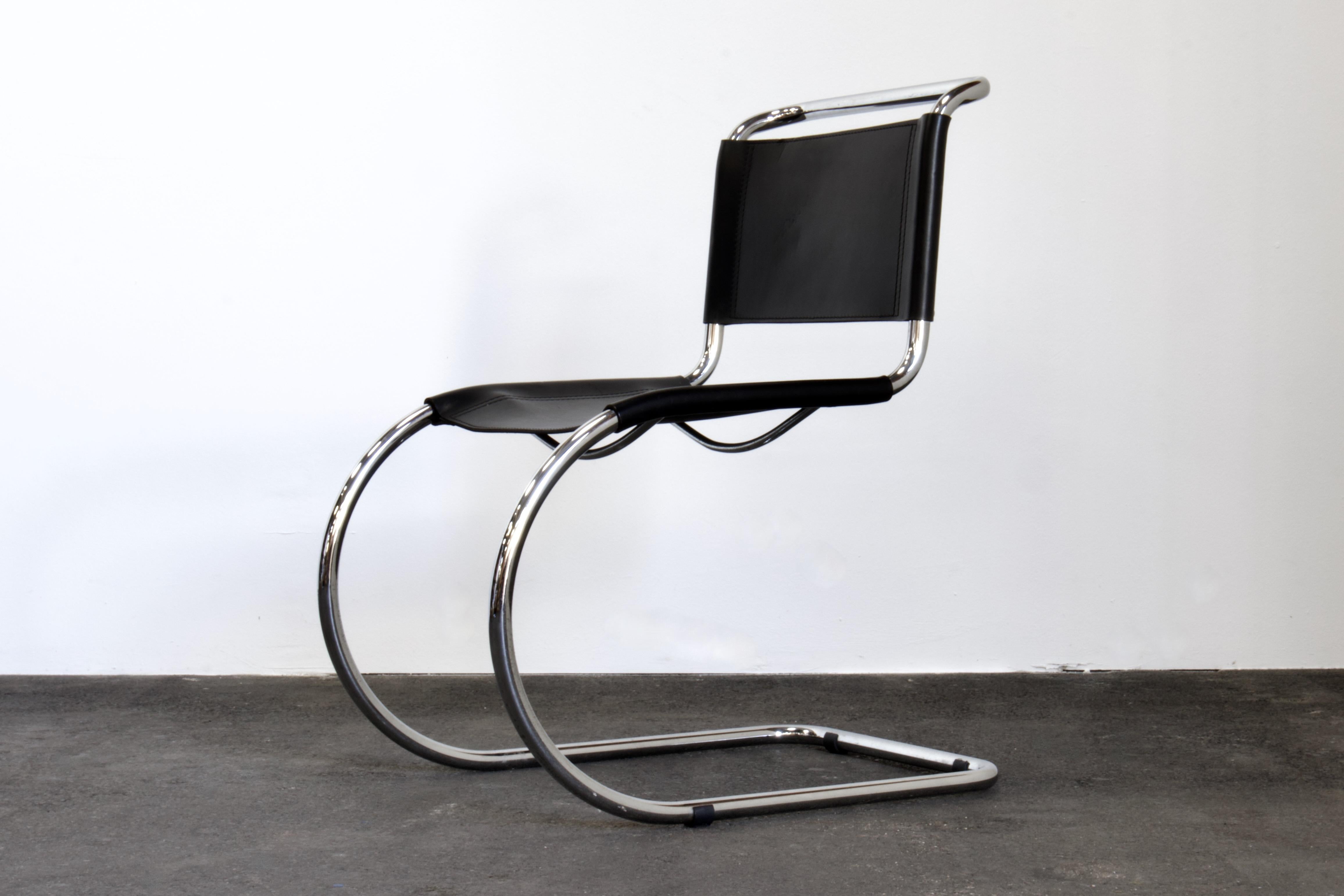 Italian 6 Mies van der Rohe Cantilever MR10 Chairs in Chrome & Black Saddle Leather For Sale