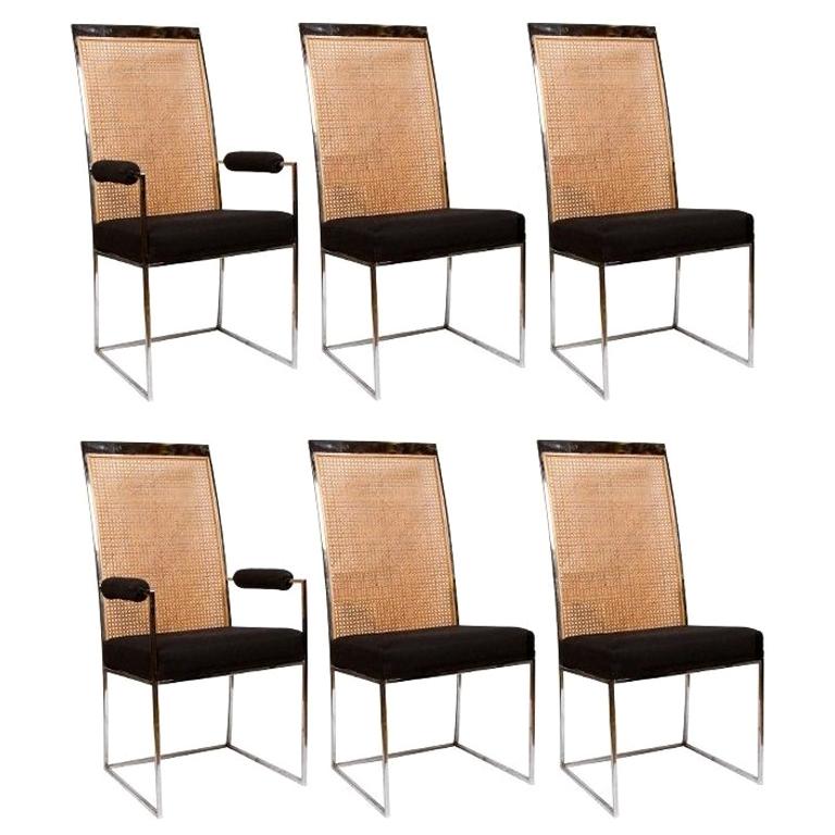6 chaises de salle à manger Milo Baughman chromées et à dossier canné en velours noir en vente
