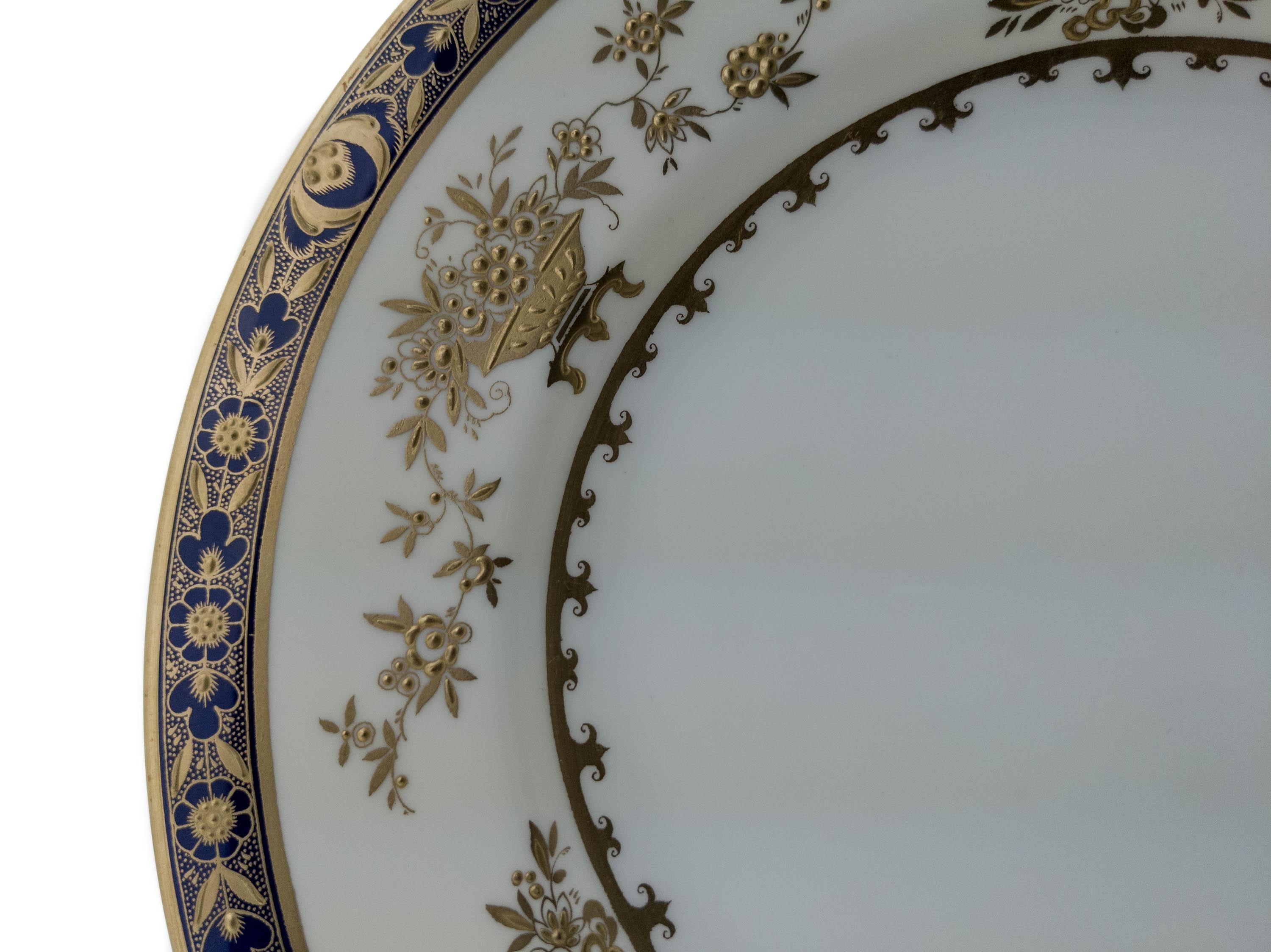 British 6 Minton England Cobalt Blue and Raised Gold Dinner Plates