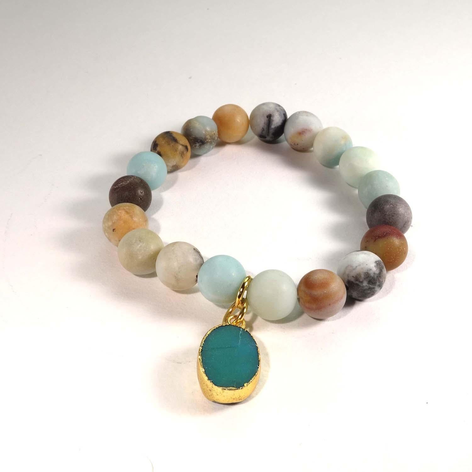 6 MM Multi color frosted matte Amazonite elastic bracelet with Druzy dangle For Sale 4