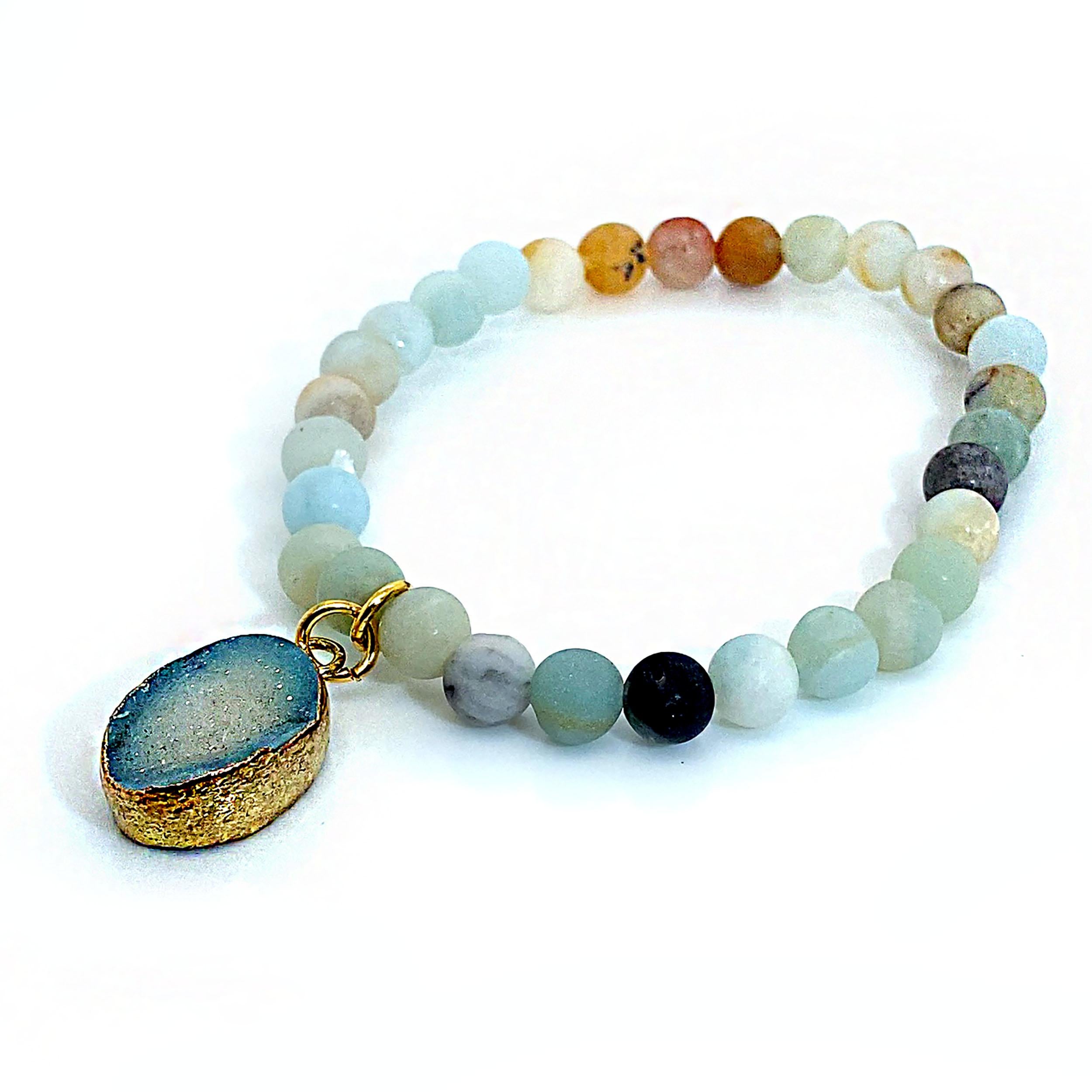 Artisan 6 MM Multi color frosted matte Amazonite elastic bracelet with Druzy dangle For Sale