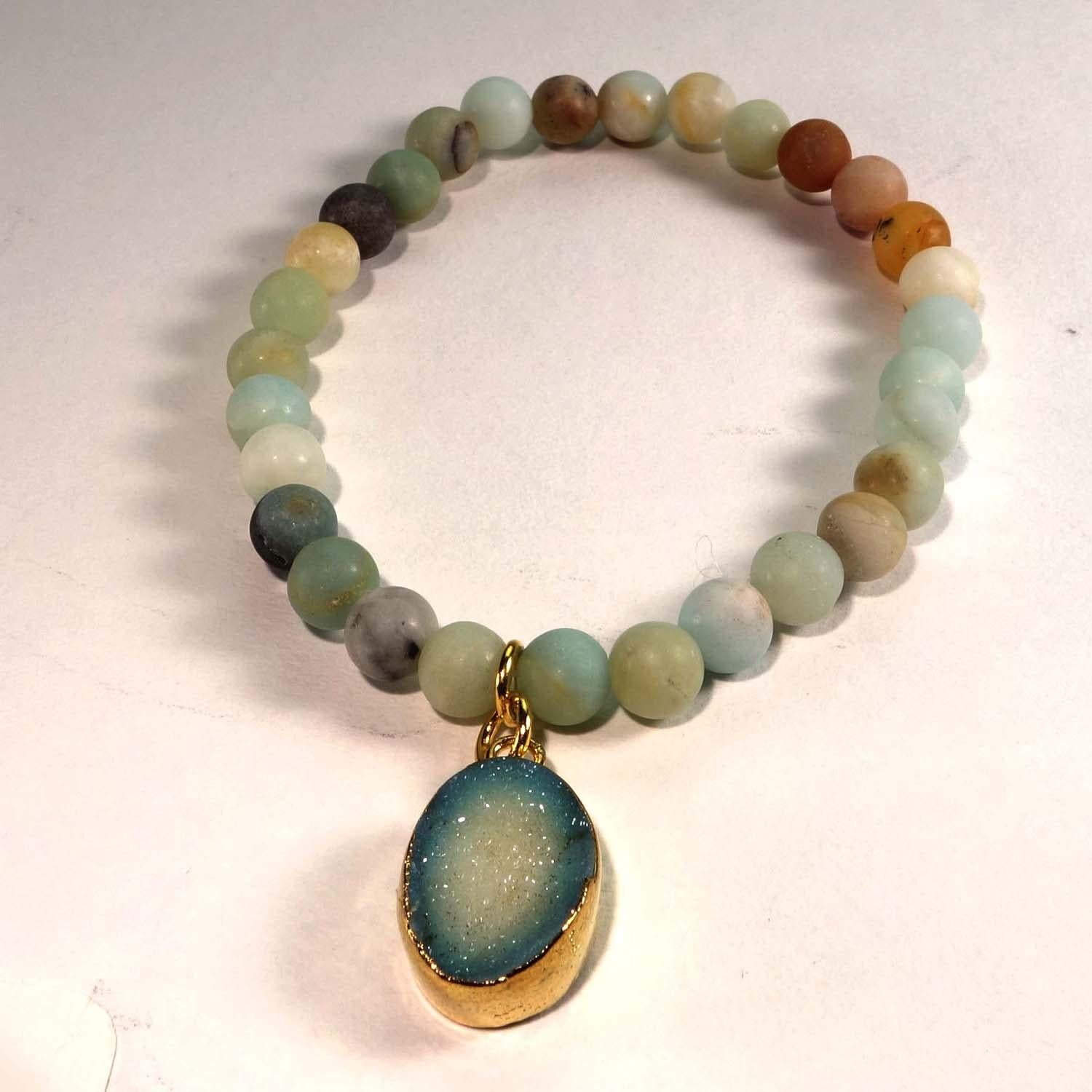 Bead 6 MM Multi color frosted matte Amazonite elastic bracelet with Druzy dangle For Sale