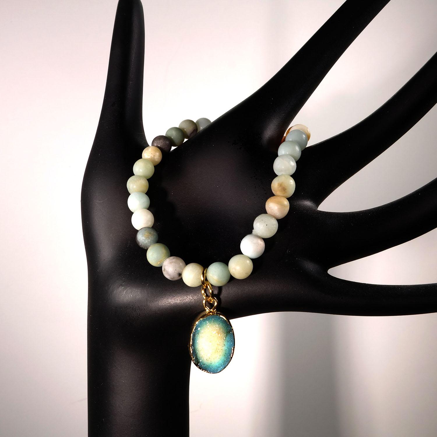 Women's or Men's 6 MM Multi color frosted matte Amazonite elastic bracelet with Druzy dangle For Sale