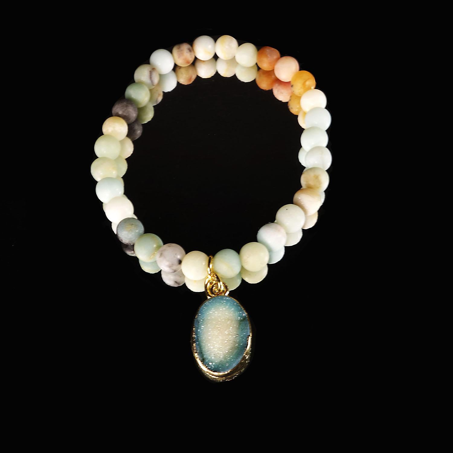 6 MM Multi color frosted matte Amazonite elastic bracelet with Druzy dangle For Sale 2