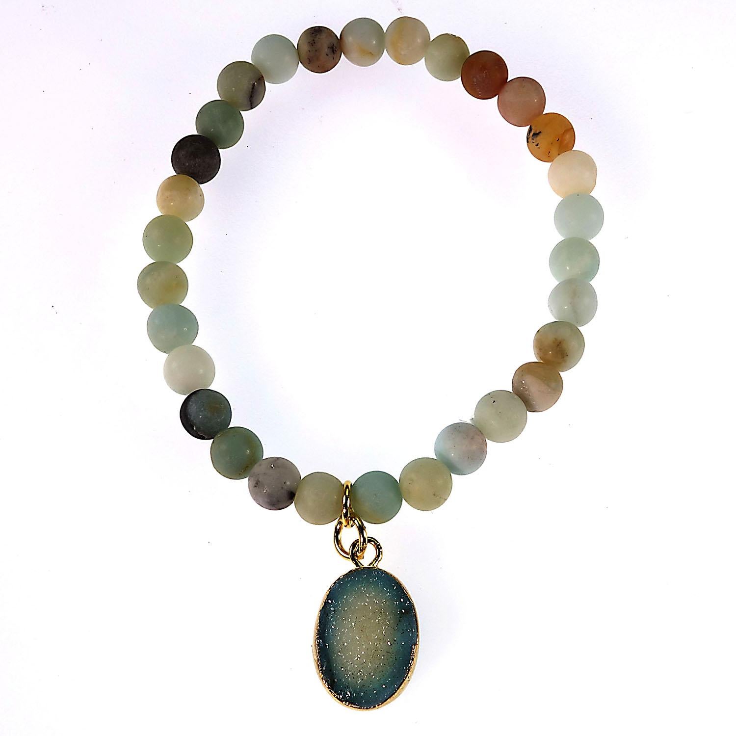 6 MM Multi color frosted matte Amazonite elastic bracelet with Druzy dangle For Sale 3