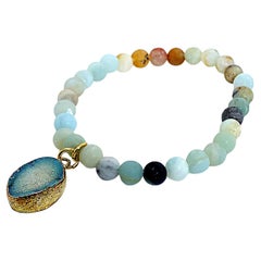 6 MM Multi color frosted matte Amazonite elastic bracelet with Druzy dangle