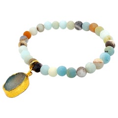 6 MM Multi color frosted matte Amazonite elastic bracelet with Duzy dangle
