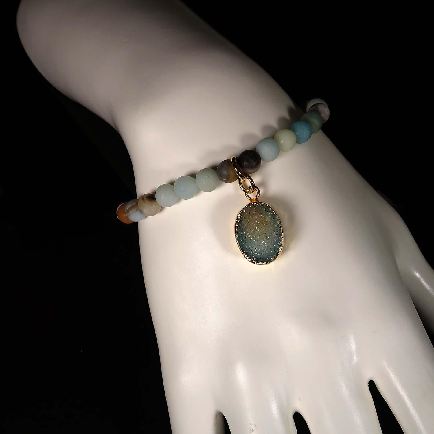 Bead 6 MM Multi color frosted matte Amazonite elastic bracelet with Duzy dangle For Sale