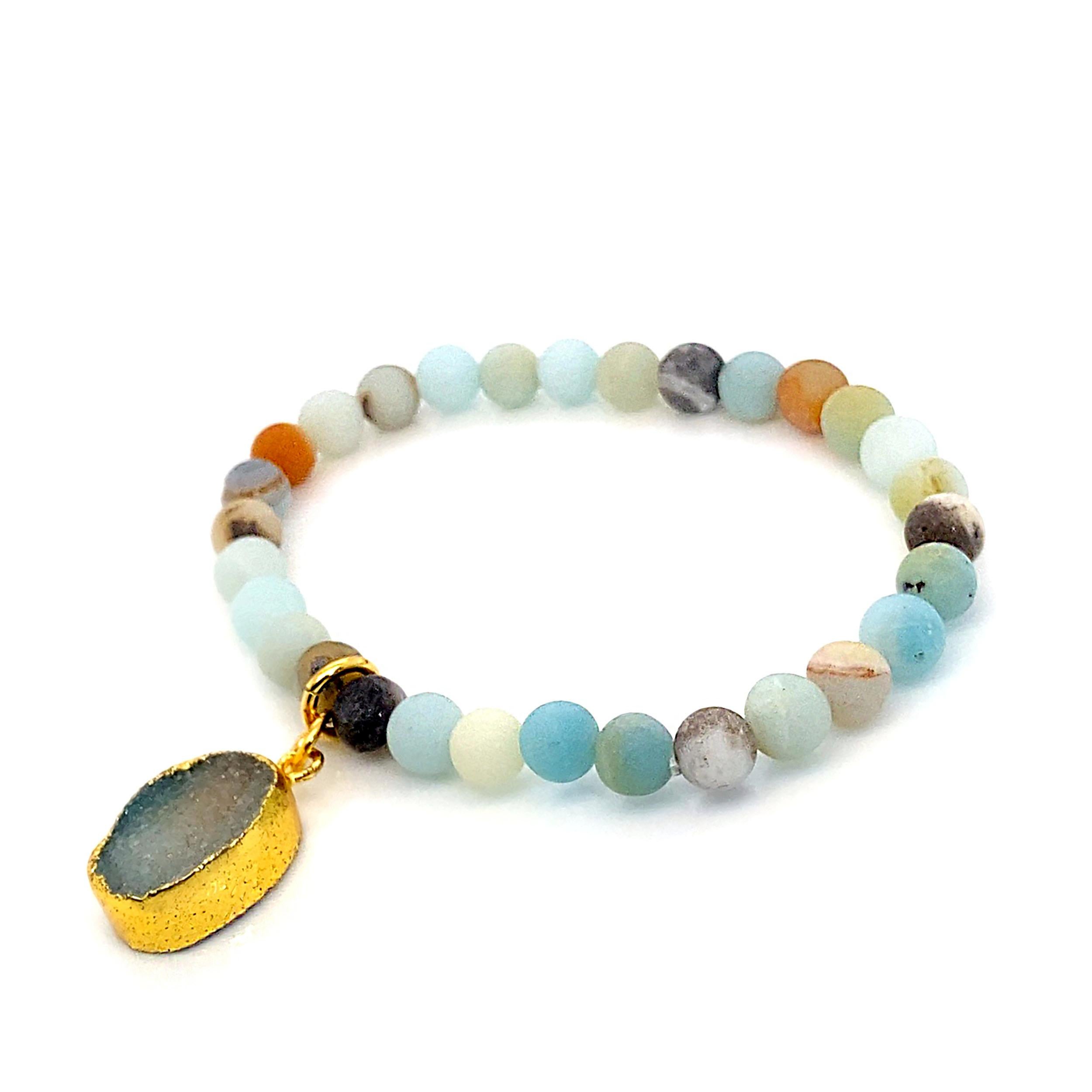 6 MM Multi color frosted matte Amazonite elastic bracelet with Duzy dangle In New Condition For Sale In Raleigh, NC