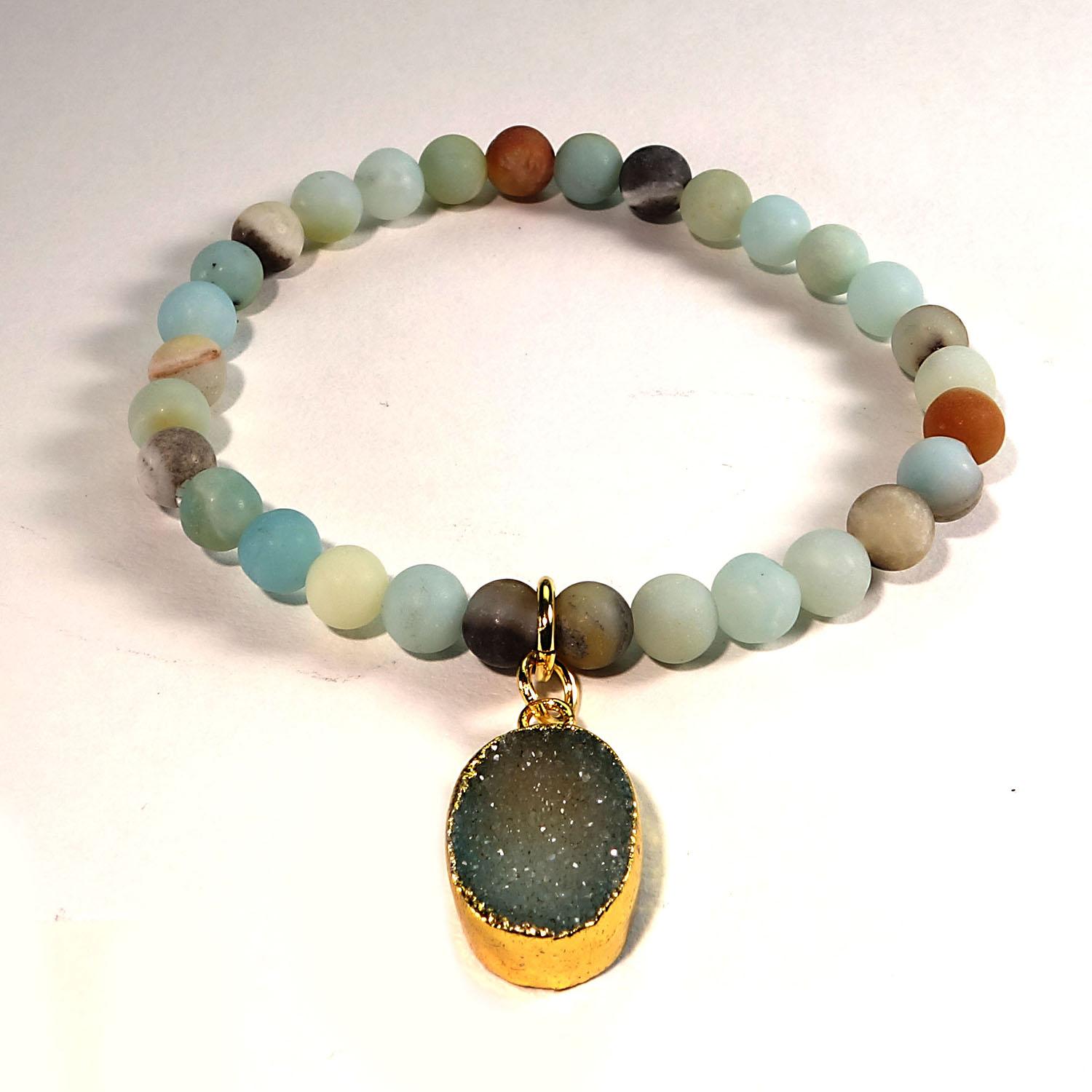 Women's or Men's 6 MM Multi color frosted matte Amazonite elastic bracelet with Duzy dangle For Sale