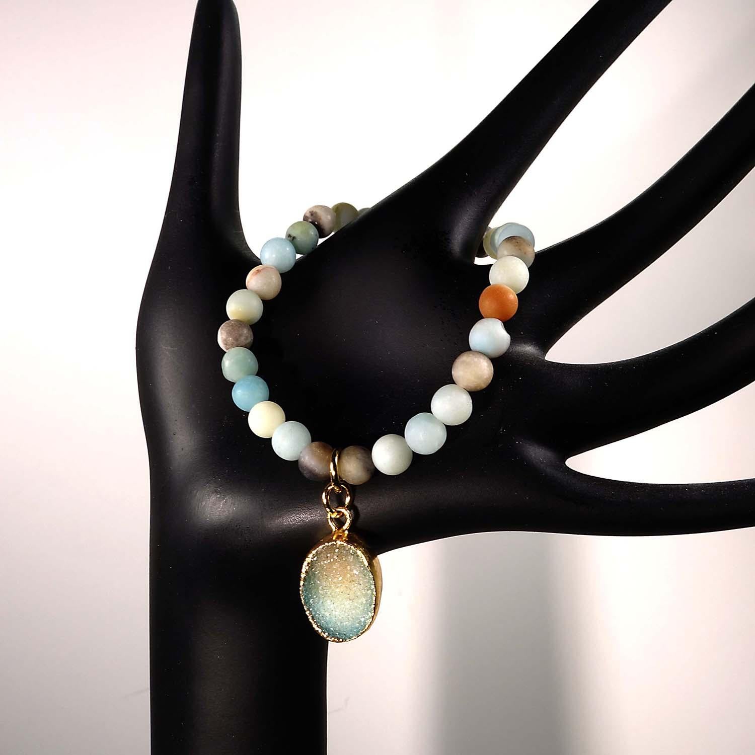 6 MM Multi color frosted matte Amazonite elastic bracelet with Duzy dangle For Sale 2