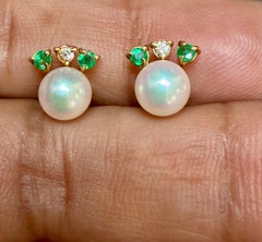 6 MM White Akoya AAA Pearl Stud Earrings 14 K Yellow Gold + Diamond + Emerald