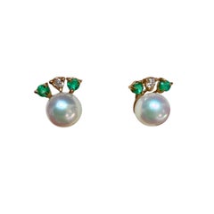 6 MM White Akoya AAA Pearl Stud Earrings 14 K Yellow Gold + Diamond + Emerald