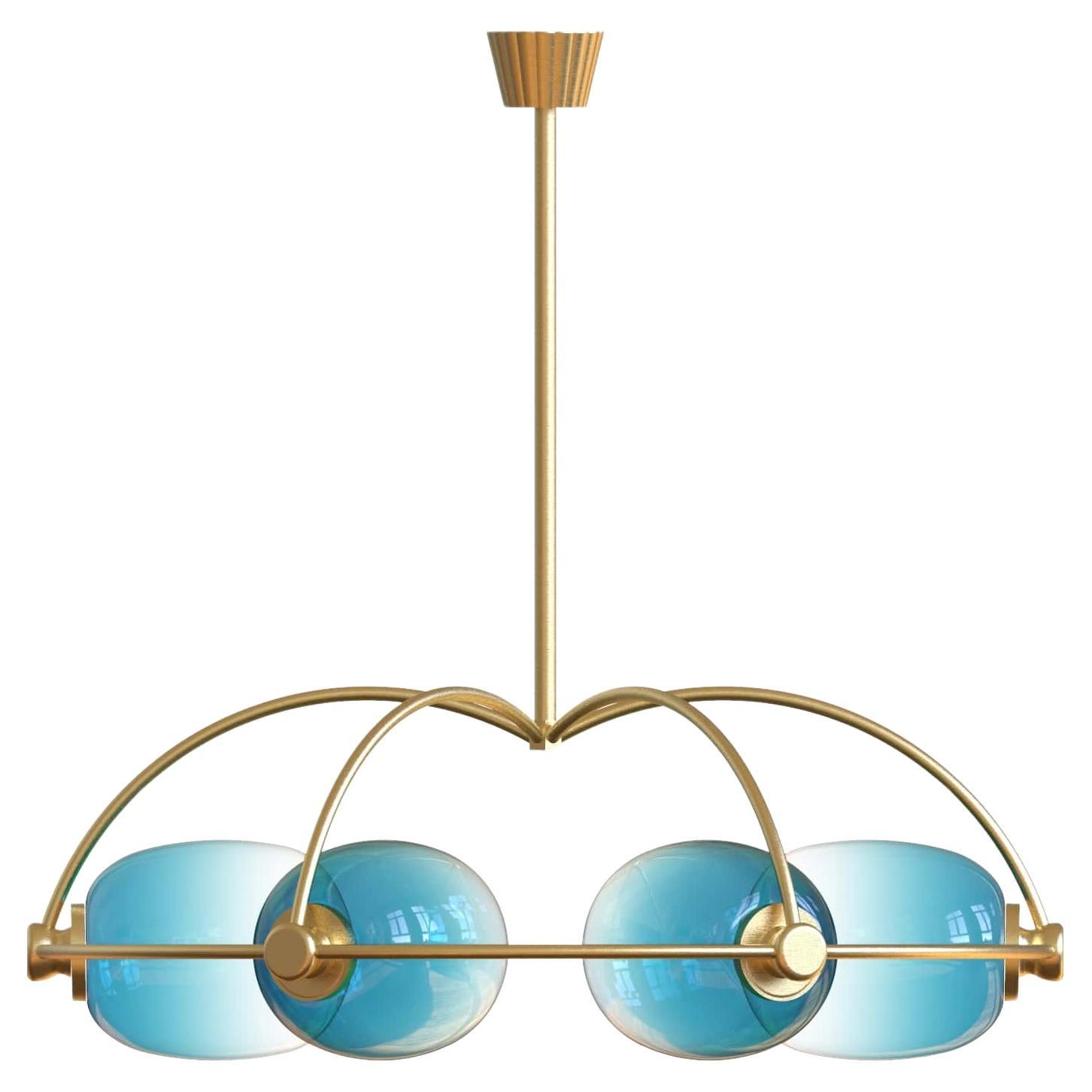 6 Module Blue Ombre Umbrella Candy Chandelier with Hand-blown Glass and Brass For Sale