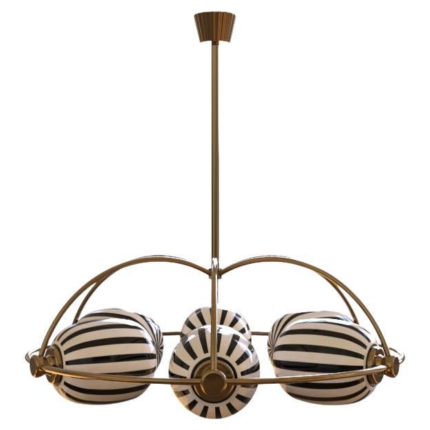 6 Module Bullseye Umbrella Chandelier with Hand-blown Glass and Brass For Sale