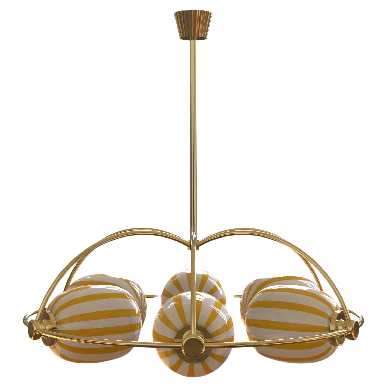 6 Module Bullseye Umbrella Chandelier with Hand-blown Glass and Brass For Sale