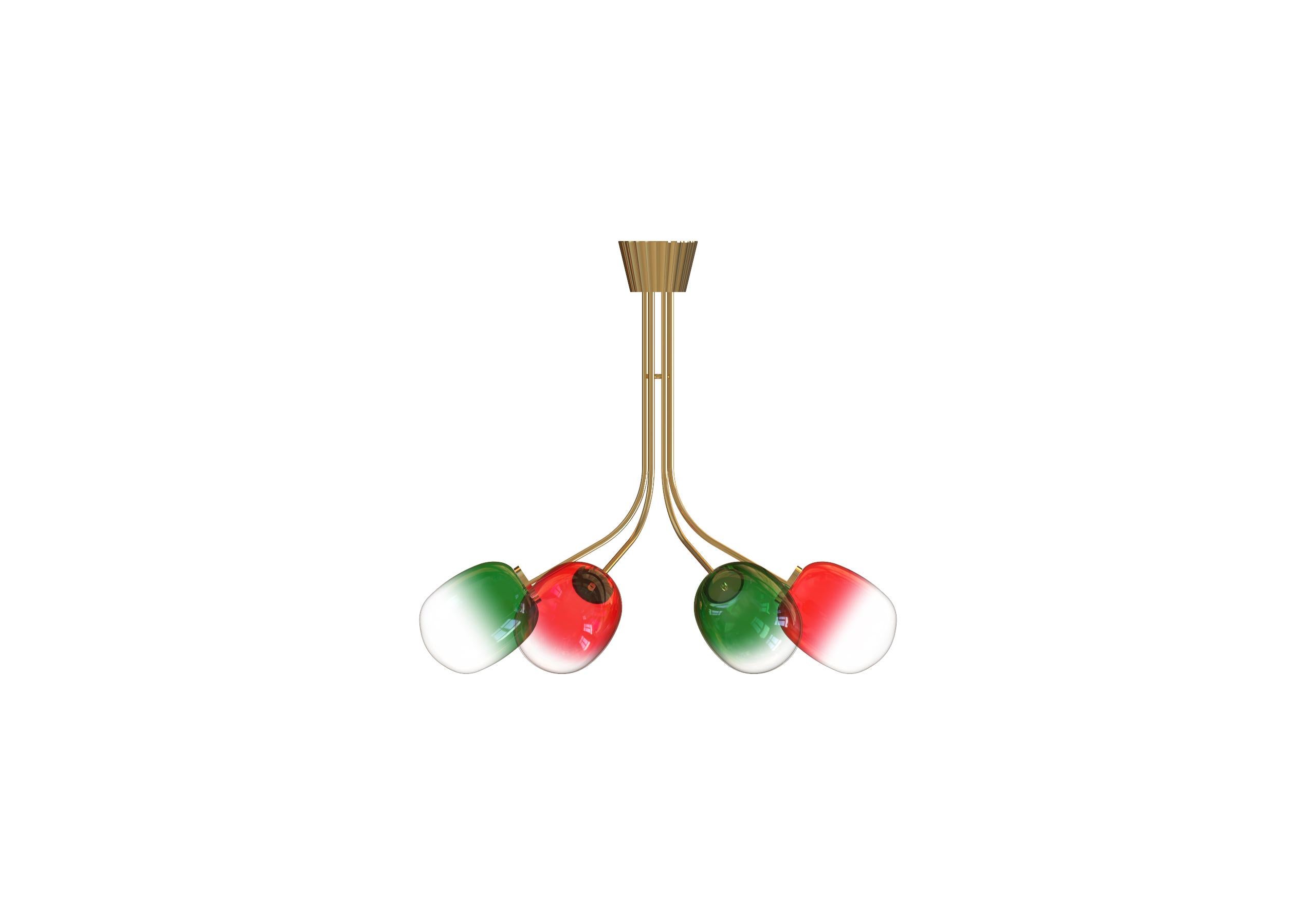 6 Module Paan Pasand Candy Chandelier with Hand-blown Glass and Brass For Sale