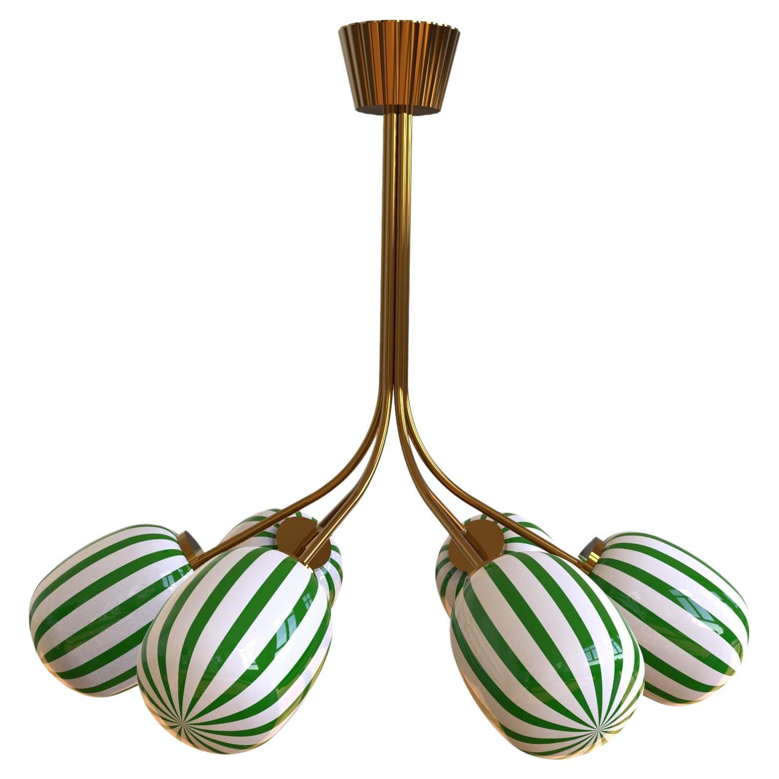 6 Module Green and White Bullseye Chandelier with Hand-blown Glass and Brass For Sale
